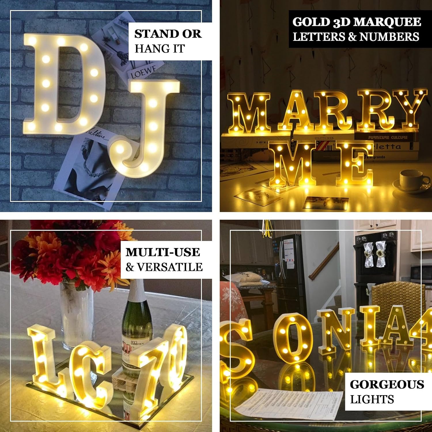 Efavormart – Letras de marquesina dorada 3D de 6 pulgadas, 5 letras LED iluminadas, color blanco cálido, 0
