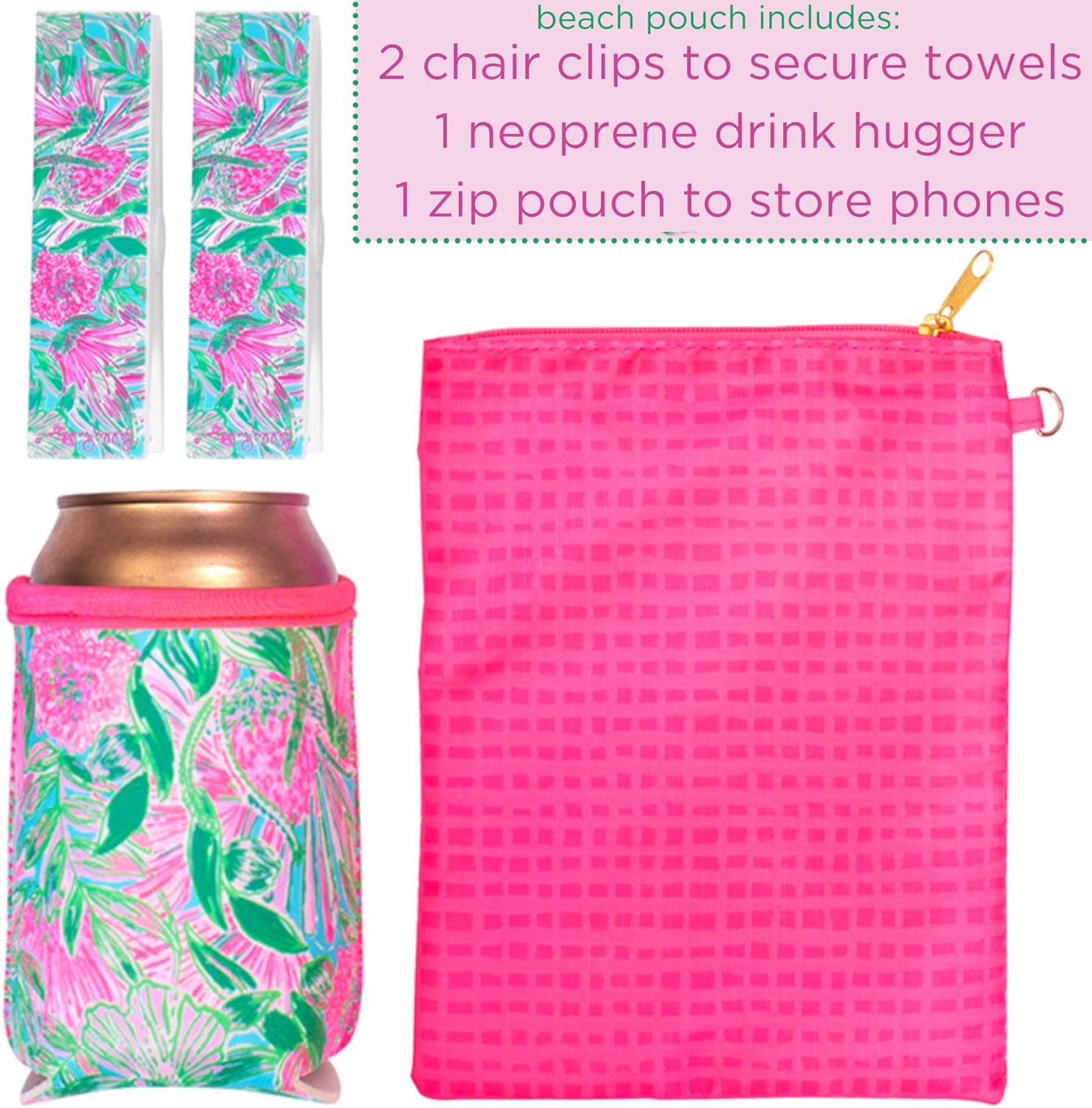 Lilly Pulitzer Bolsa de vinilo resistente al agua, bolsa con cremallera que incluye soporte para bebidas, bolsa pequeña y clips para toallas