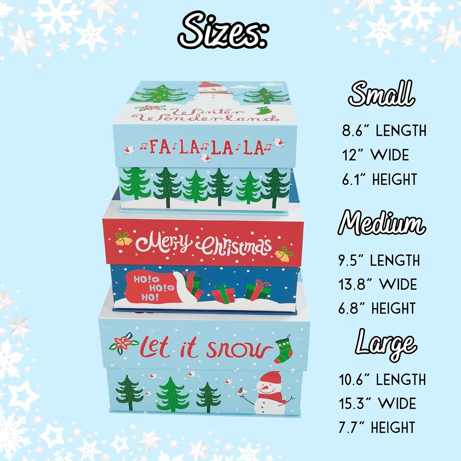 VOTUM Juego de 3 cajas de almacenamiento anidables para las fiestas, contenedores decorativos de cartón apilables con tapas ajustadas y refranes de