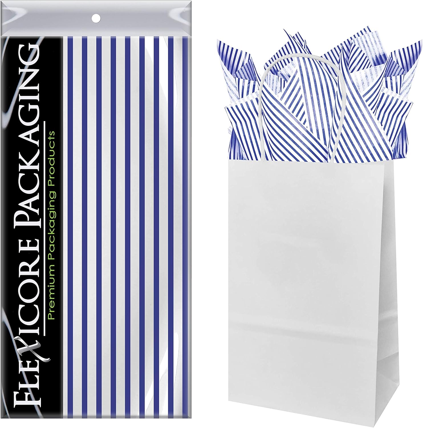 Flexicore Packaging Bolsas de regalo de papel kraft blanco y papel de seda azul marino  Tamaño 5.25 pulgadas x 3.25 pulgadas x 8.25 pulgadas