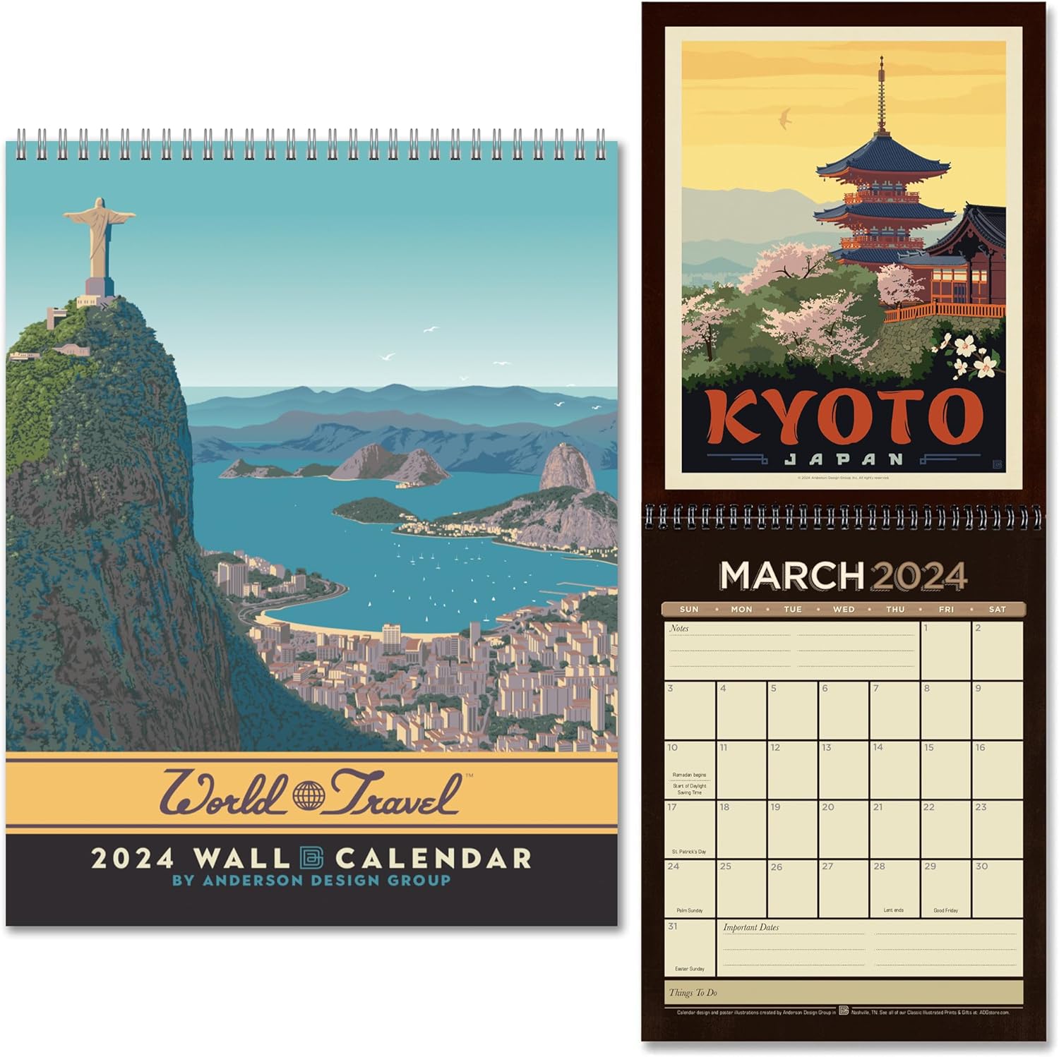 Americanflat Calendario 2024  Diseño de destinos de viaje mundial  Calendario de pared grande con formato mensual  Calendario mensual colgante  10 x