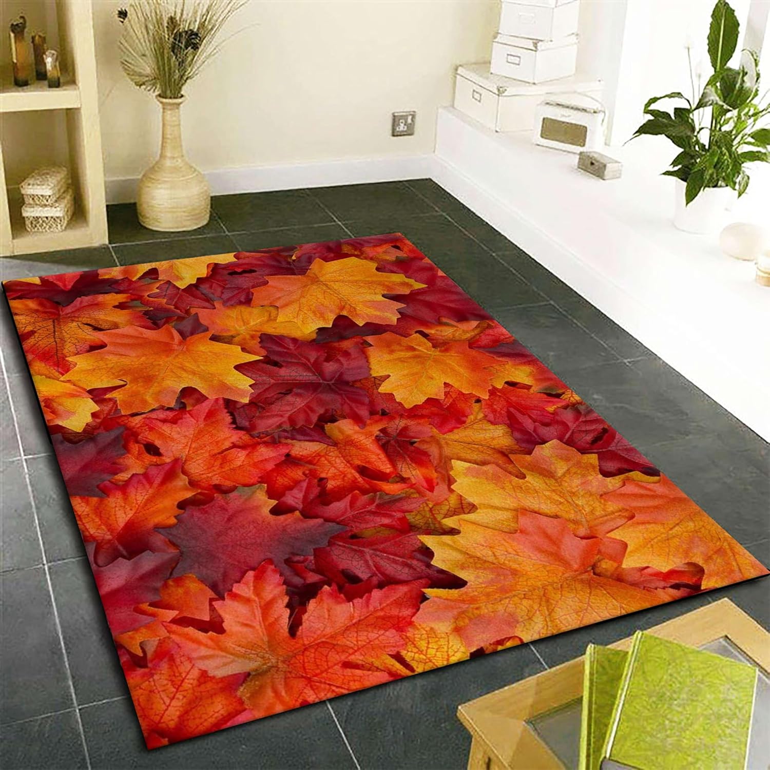 Alfombra de área de hojas de arce roja con texto en inglés “Hello Fall”, 2 x 3 pies, para decoración de Acción de Gracias, alfombra de sala de