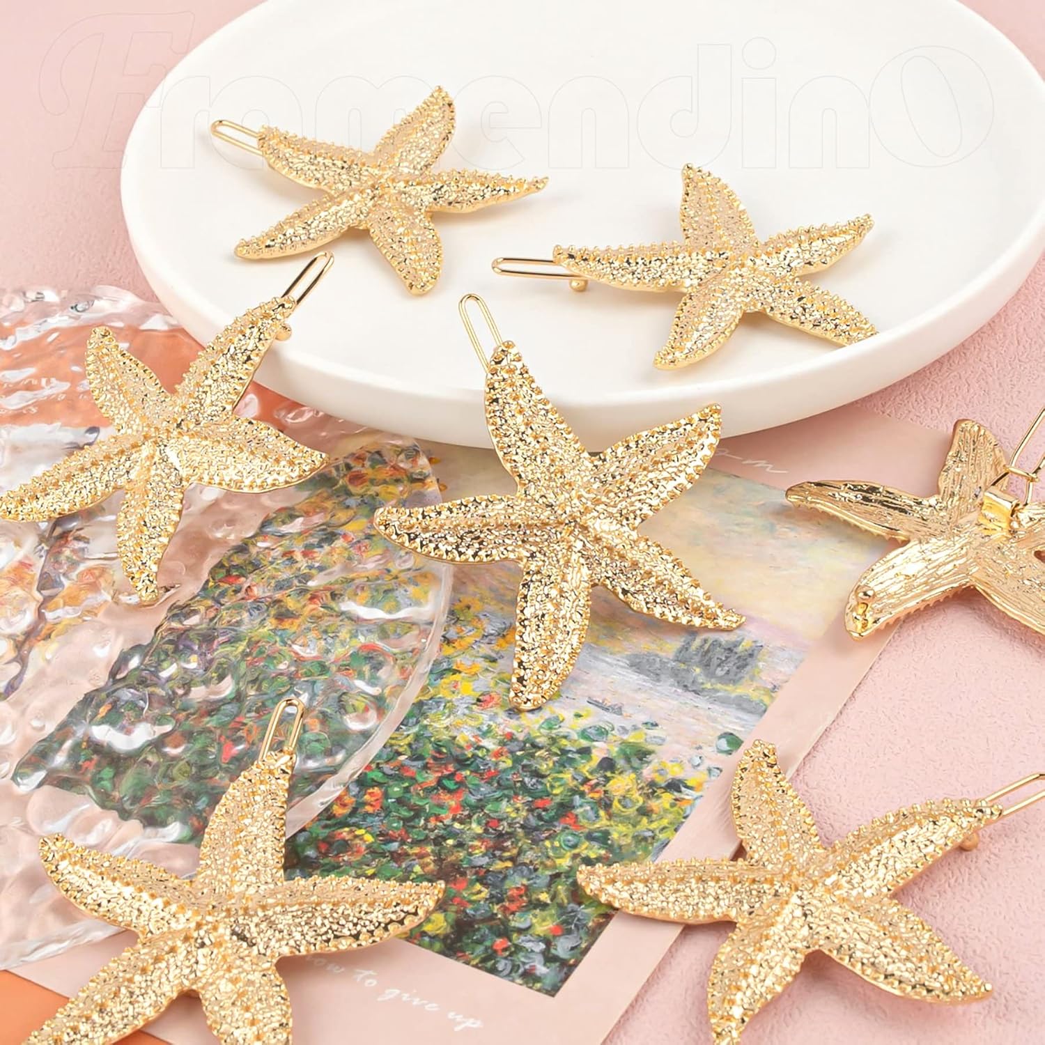 Framendino, Paquete de 8 pinzas para el cabello de estrella de mar, horquilla de sirena para mujeres y niñas, color dorado