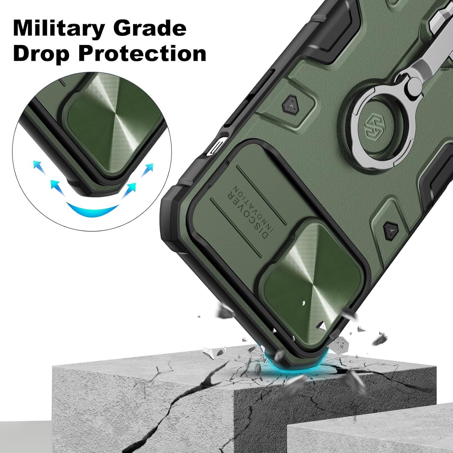 Nillkin Funda para iPhone 13 Pro Max con soporte, funda para cámara deslizante, de grado militar, a prueba de golpes, compatible con cargador