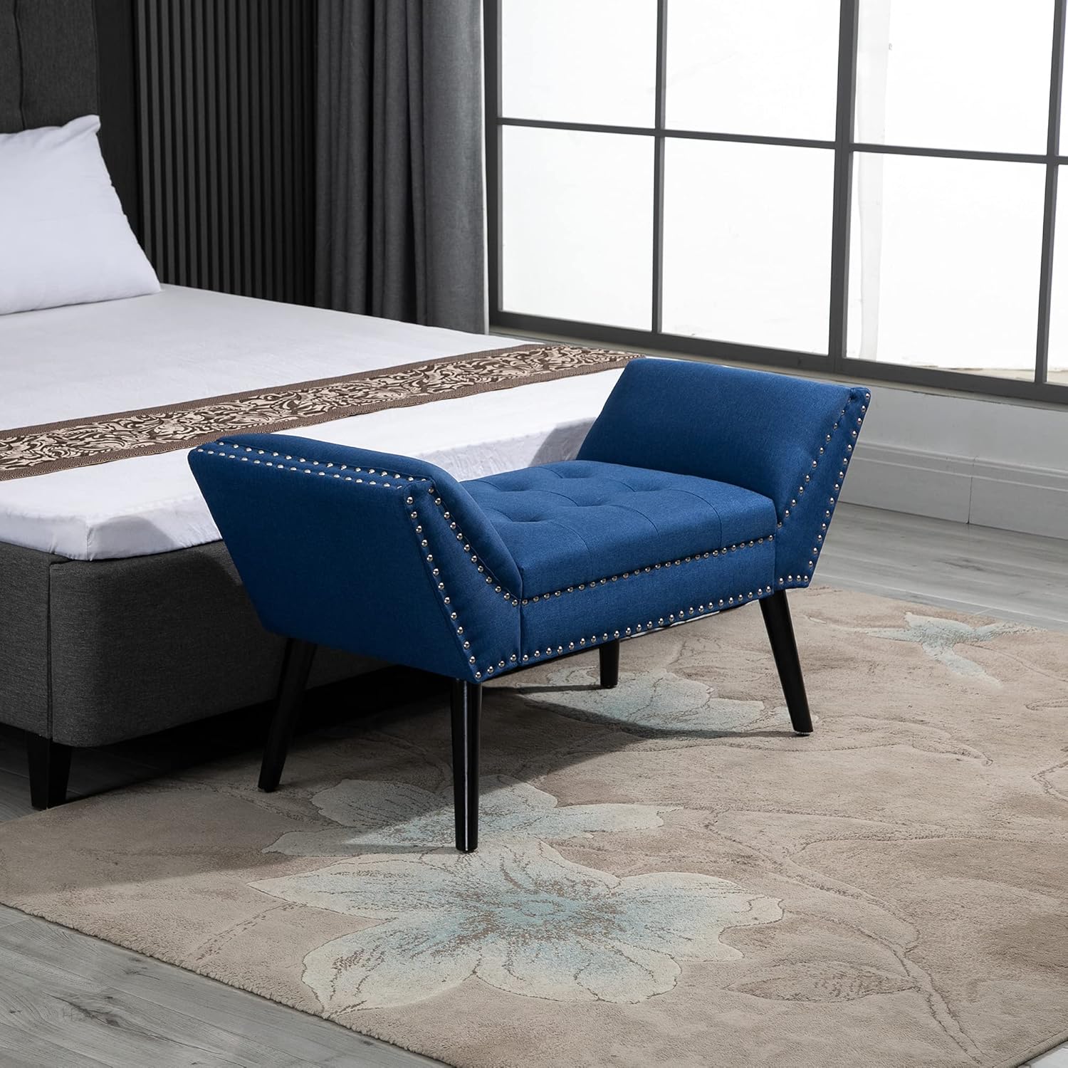 HOMCOM Moderno banco otomano tapizado de tela decorativa para dormitorio o sala de estar, color azul
