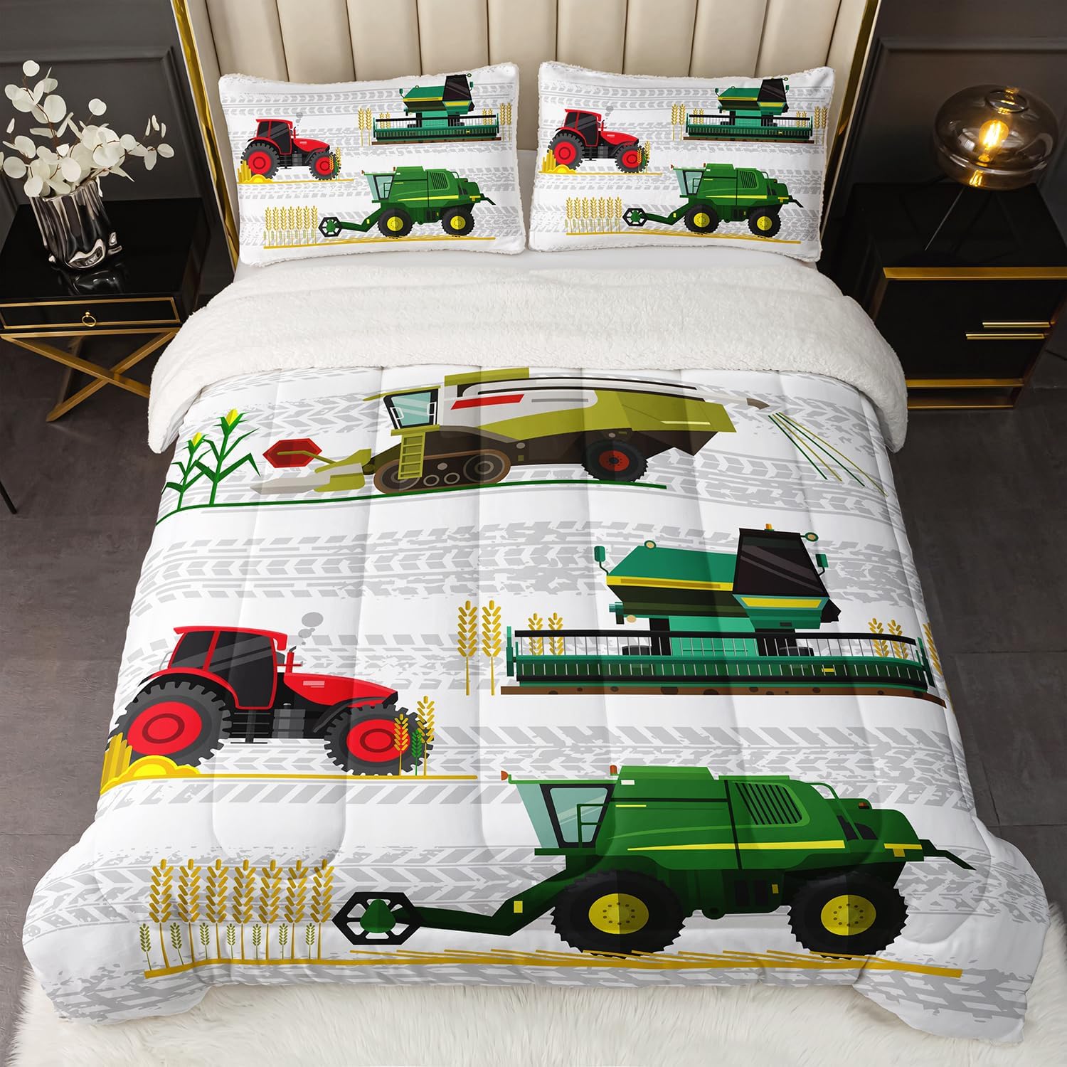 CVHOUSE Juego de edredón de forro polar Sherpa de tractor tamaño Queen, juego de ropa de cama sherpa de construcción reversible para niños y