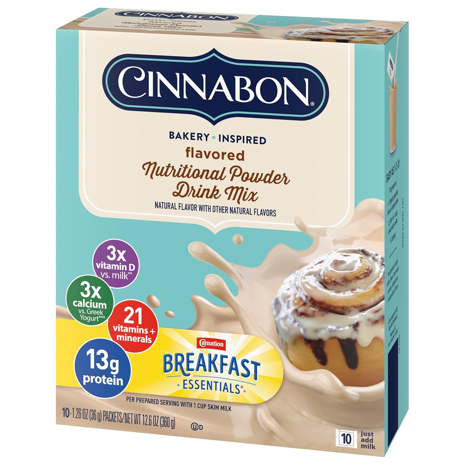 Carnation Breakfast Essentials Mezcla nutricional de bebida en polvo (Cinnabon, paquete de 3)