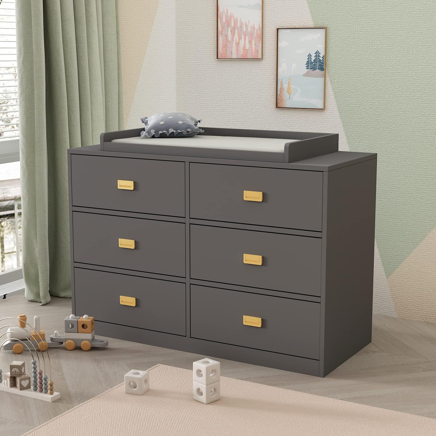 AIEGLE Cómoda para bebé con 6 cajones y cambiador, cómoda para dormitorio de niños, organizador de almacenamiento de madera en gris (45.1 pulgadas