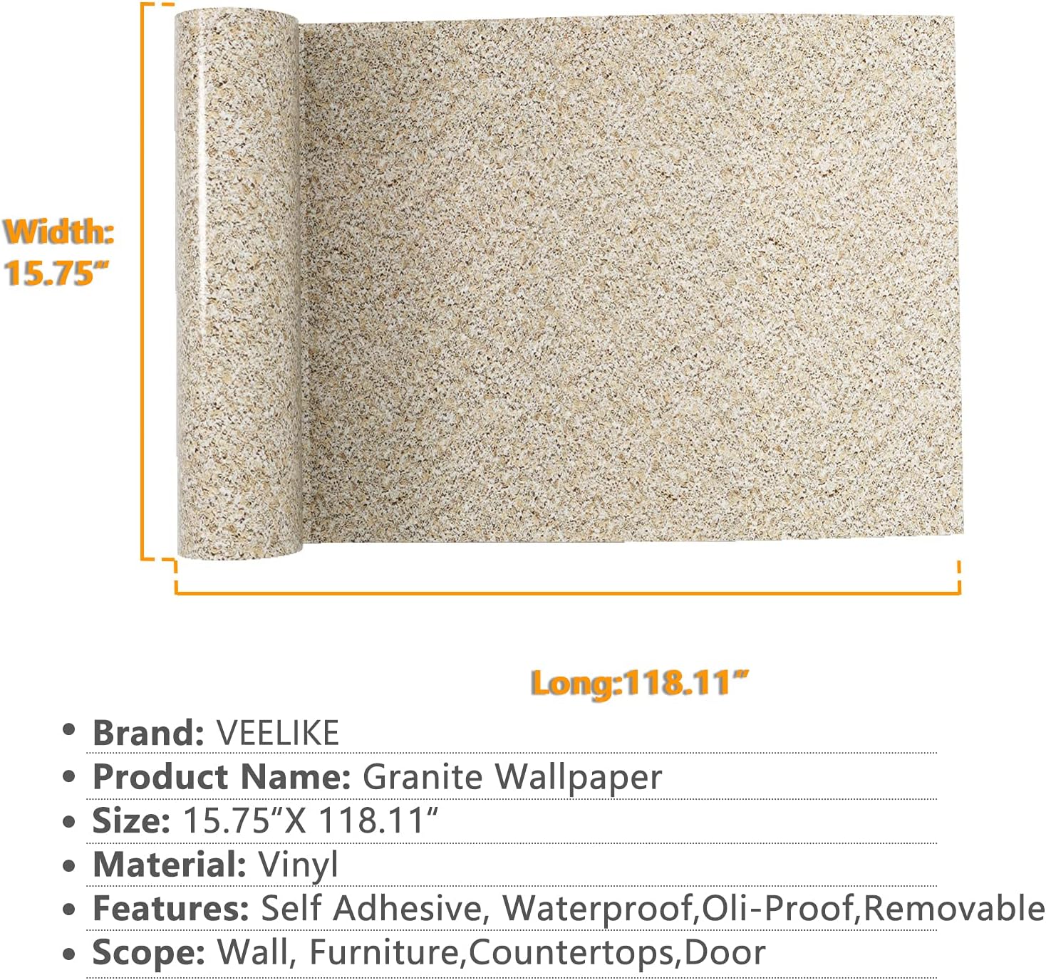 VEELIKE Papel adhesivo de granito de 15.7 x 118 pulgadas para encimeras, impermeable, autoadhesivo, papel tapiz de granito para encimeras de cocina,
