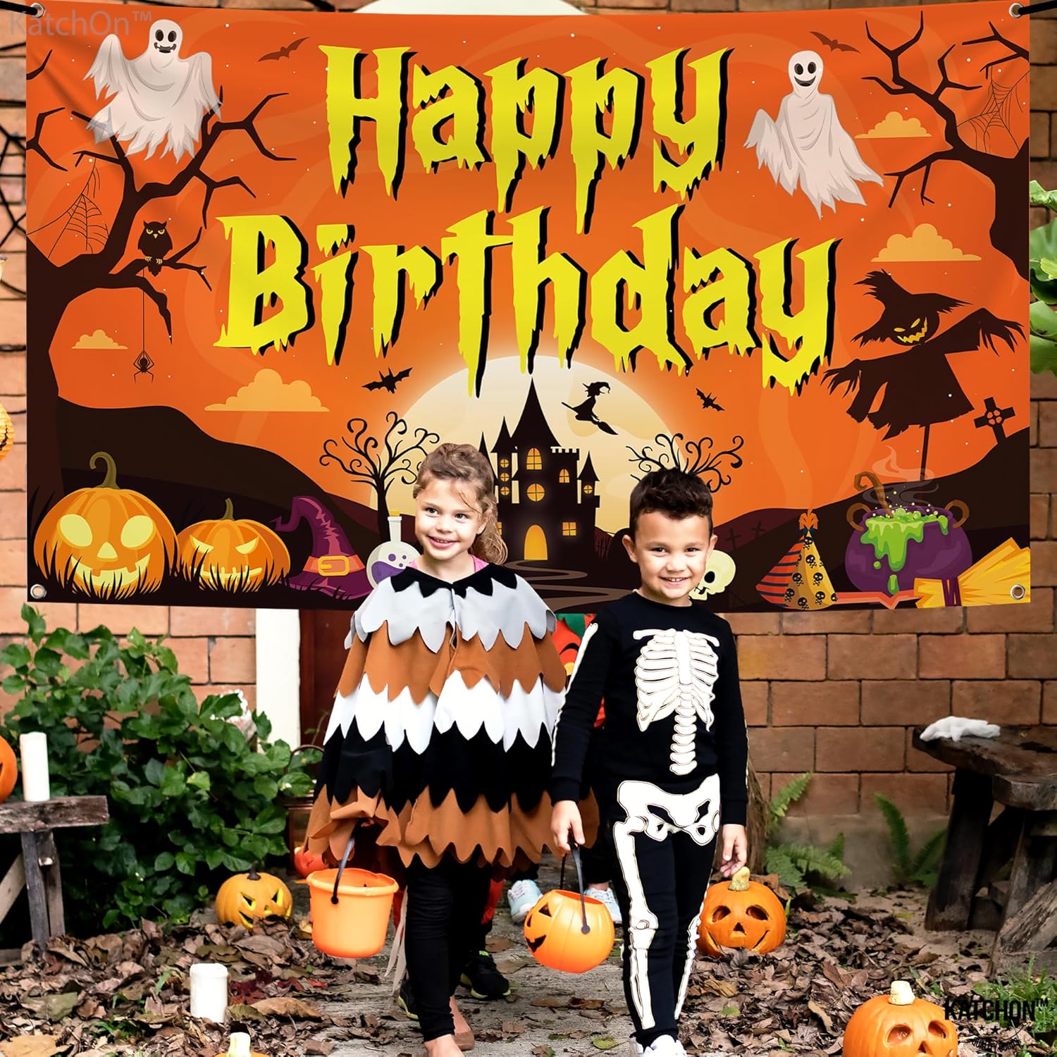 KatchOn, Pancarta espeluznante de Halloween con texto en inglés Happy Birthday  Extra grande, 72 x 44 pulgadas, telón de fondo de calabaza de