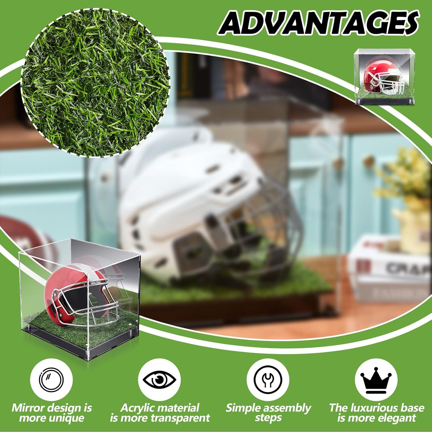 Vitrina de acrílico para casco de fútbol con césped de 14.5 x 11 x 12 pulgadas, tamaño completo, a prueba de polvo, acrílico, vitrina de protección