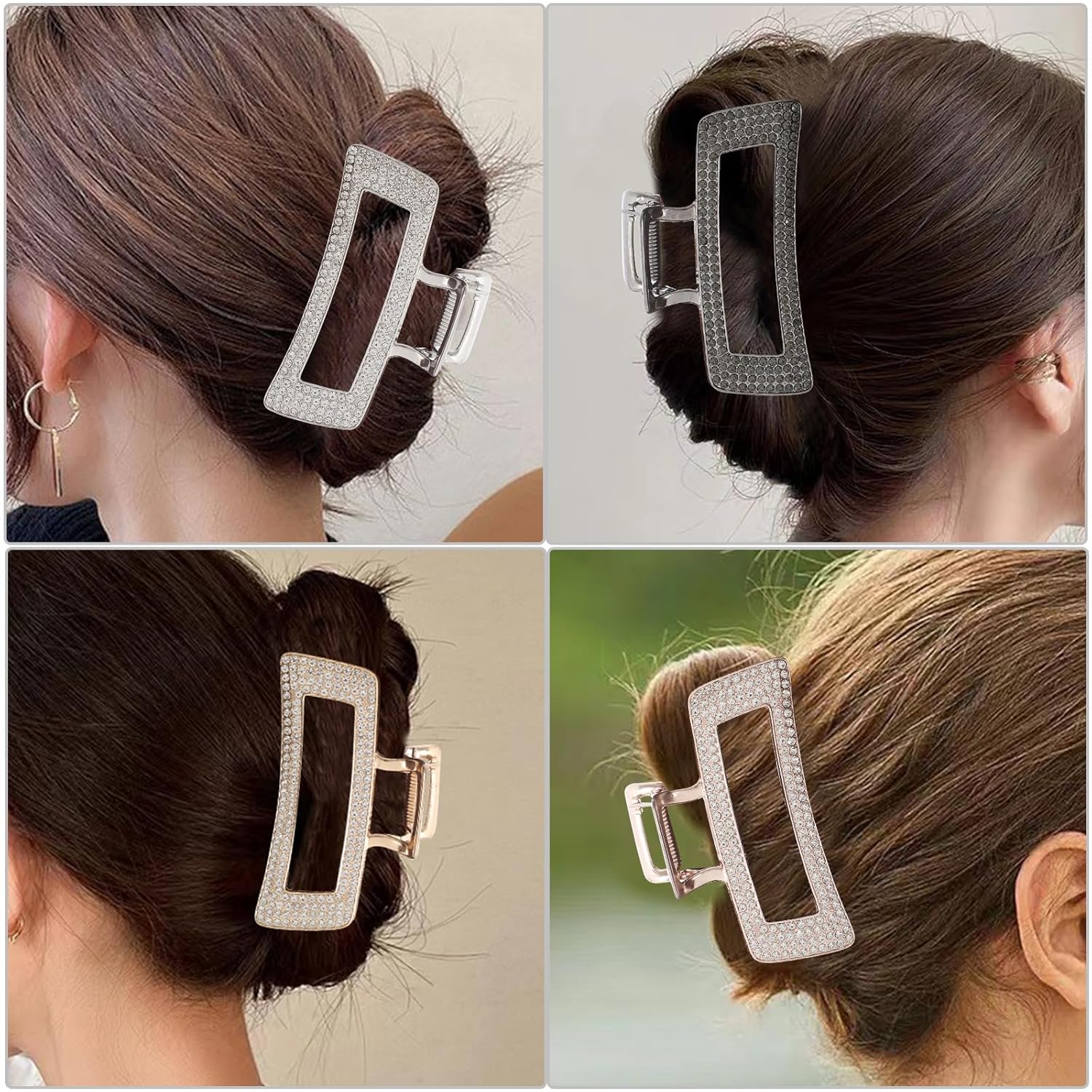 WORTL Pinzas grandes de metal cuadradas de 3.5 pulgadas, paquete de 4 abrazaderas de pelo con diamantes de imitación para mujeres y más delgadas,