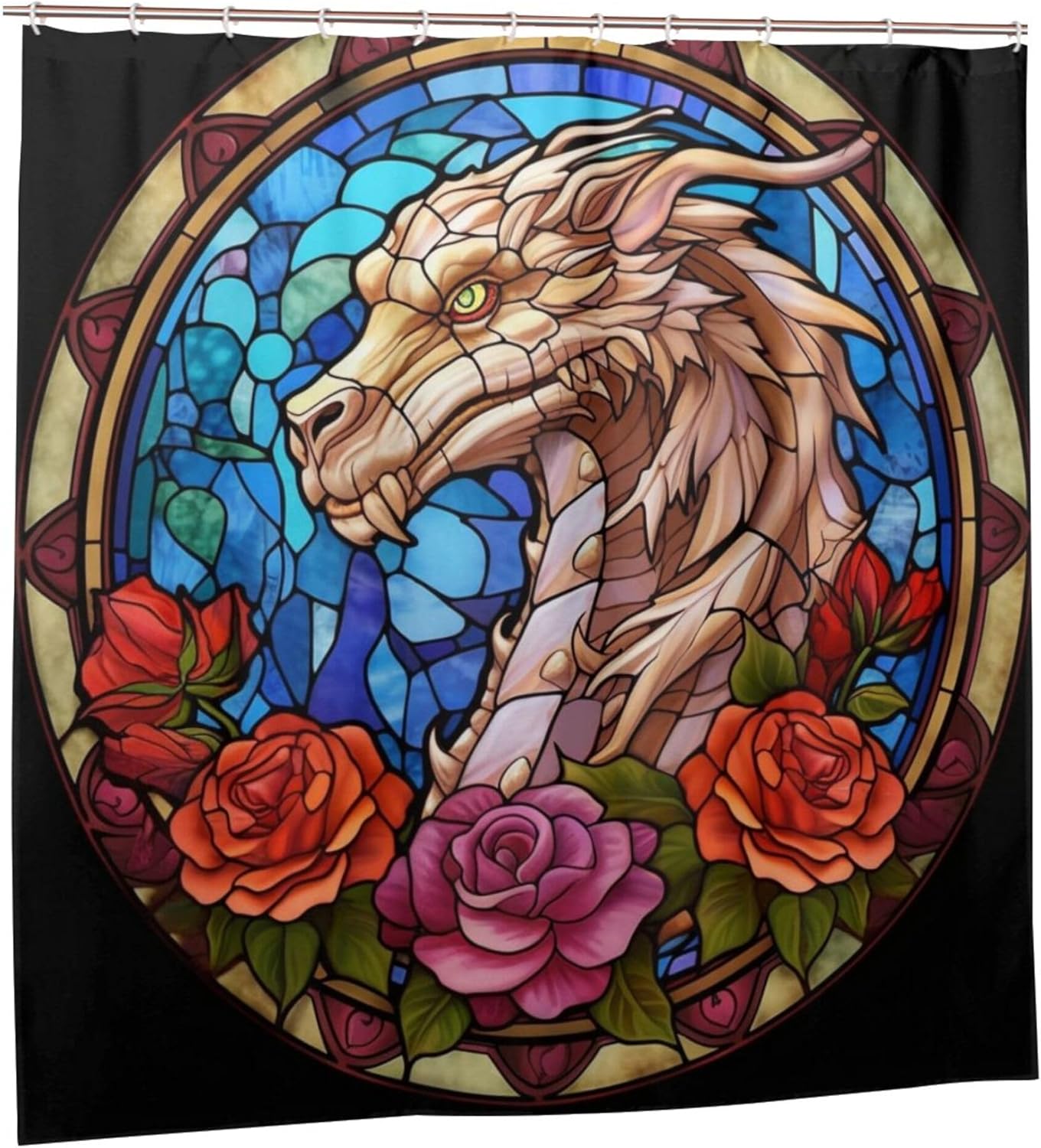 Juego de cortina de ducha de dragón para baño, diseño de hojas de flores, arte de vidrio, bohemio, tela abstracta de animales lindos, moderna,