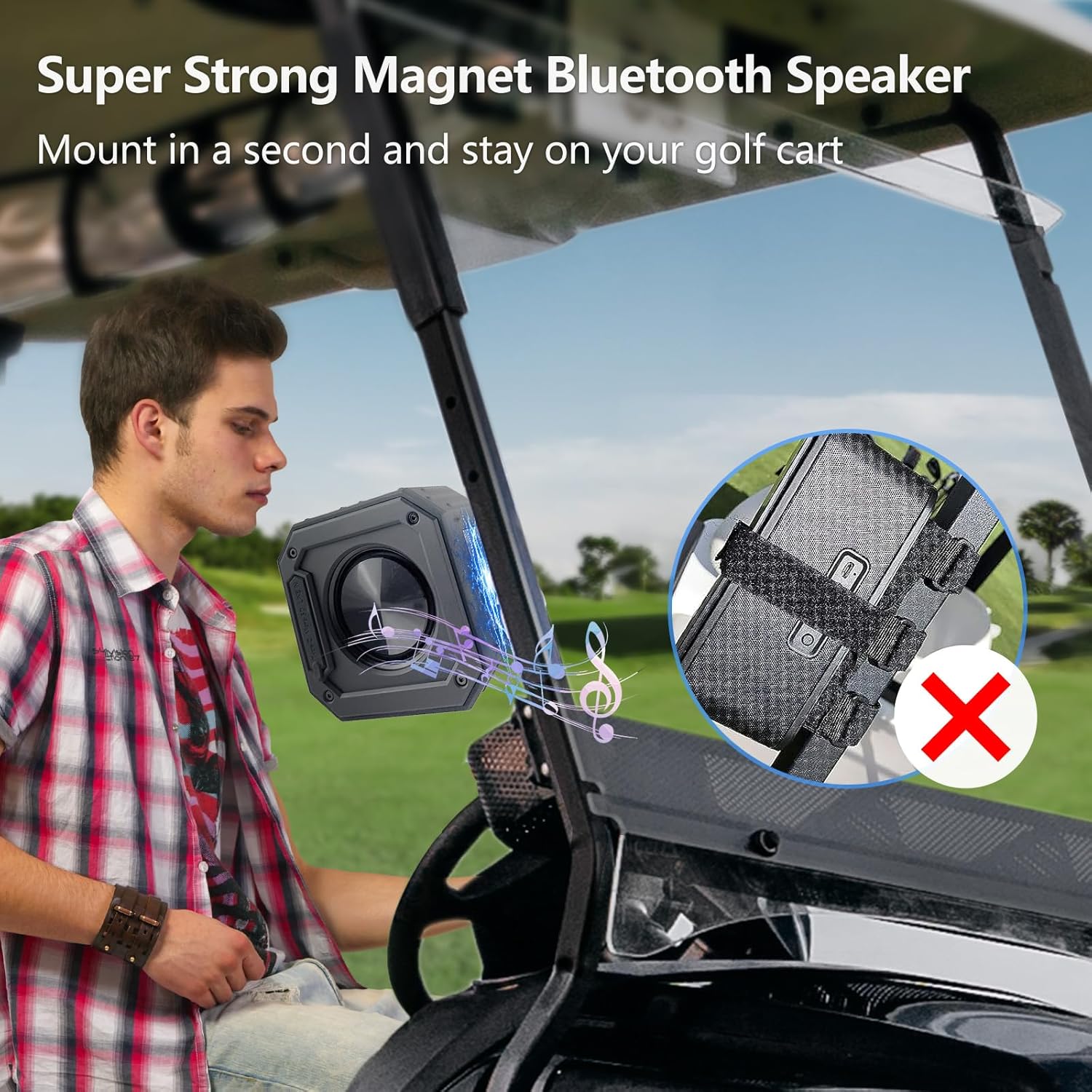 Altavoz de golf, altavoces Bluetooth, altavoz Bluetooth portátil, magnético, 15 W fuerte con graves, altavoz Bluetooth impermeable IPX7 para