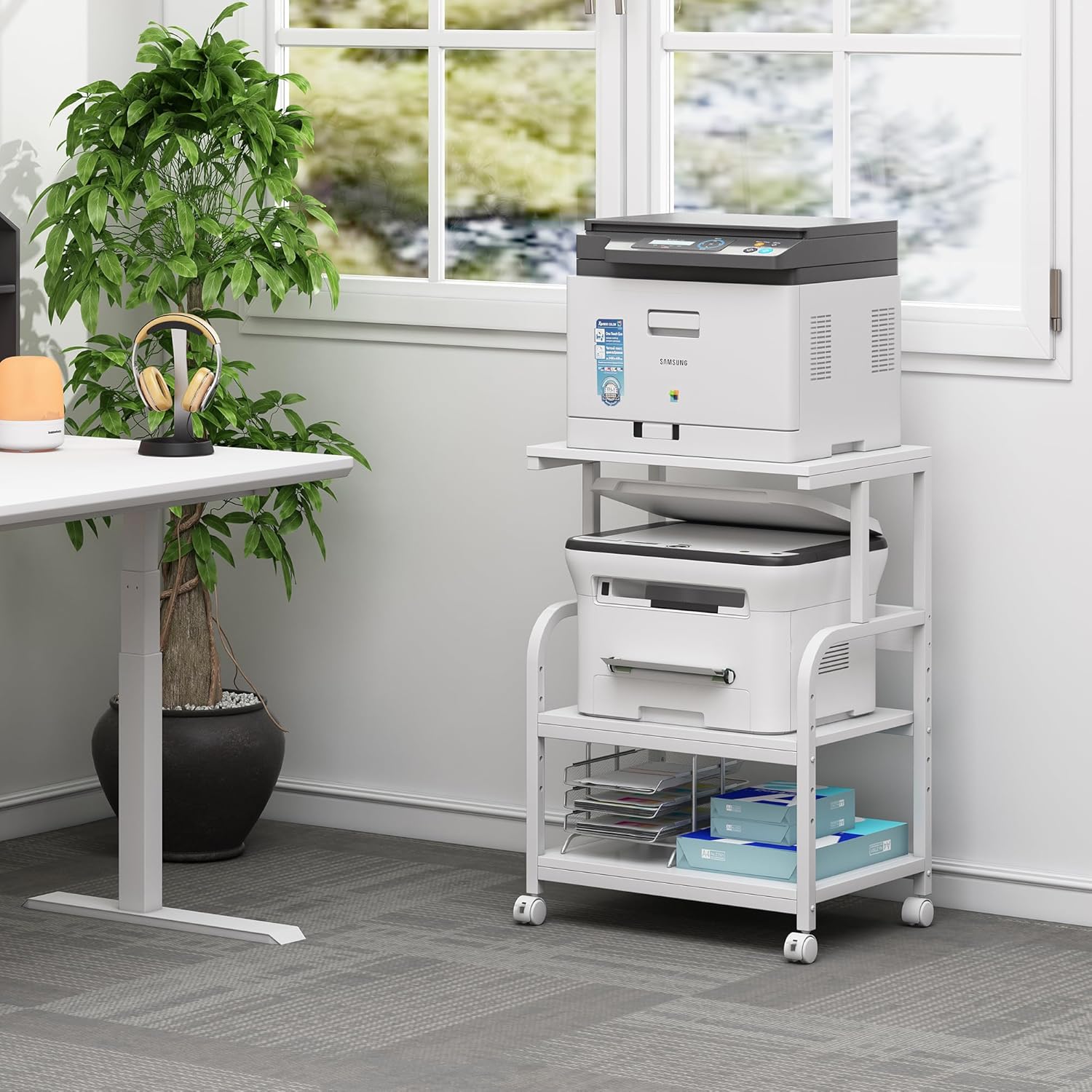 Soporte blanco para impresora, mesa de impresora de 3 estantes con ruedas, carrito de impresora rodante para oficina en casa, organización y