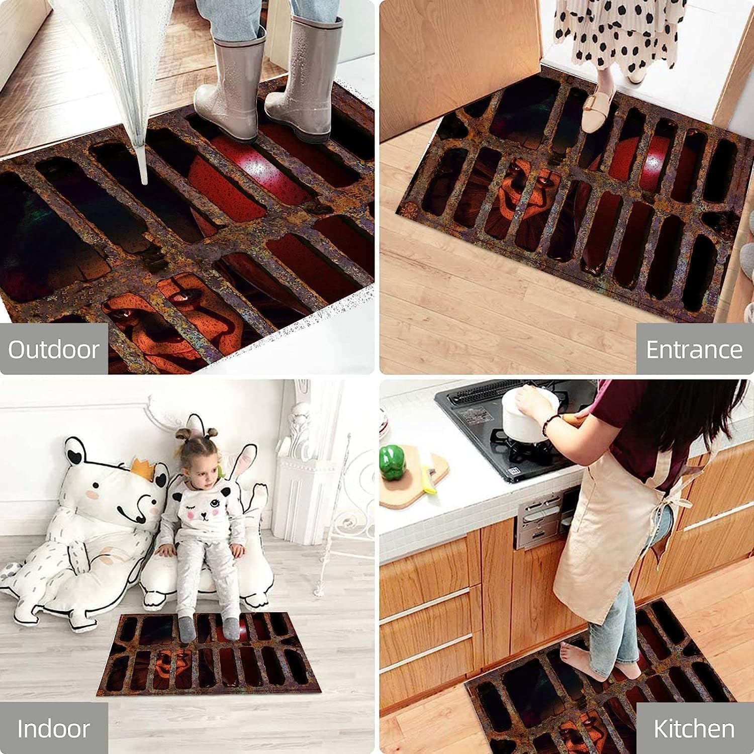 Felpudo de payaso con ilusión de Halloween, tapete de ilusión de vórtice 3D, de goma antideslizante, lavable, impermeable, duradero, fácil de
