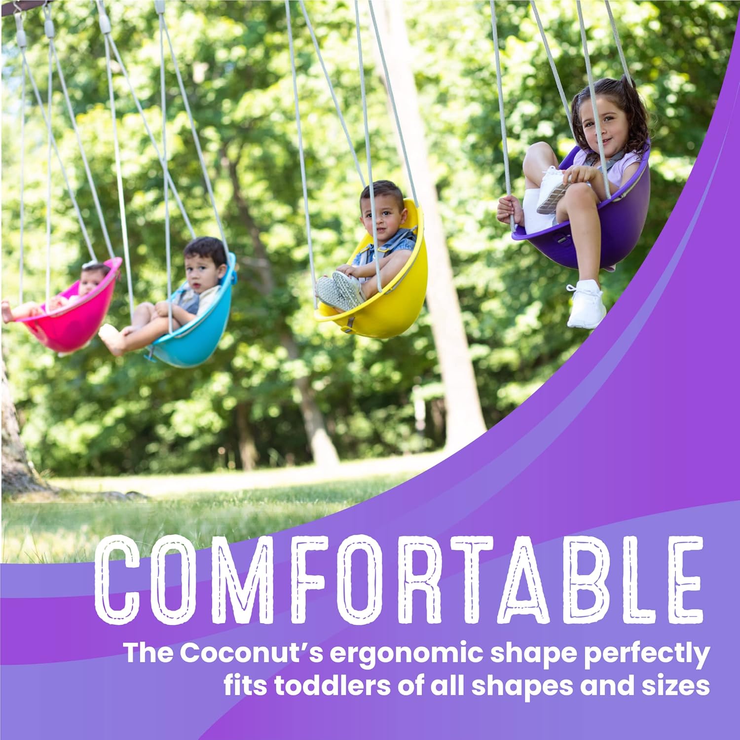 Swurfer Columpio de coco para niños pequeños, cómodo columpio para bebé al aire libre, arnés de seguridad ajustable de 3 puntos, sistema de bloqueo