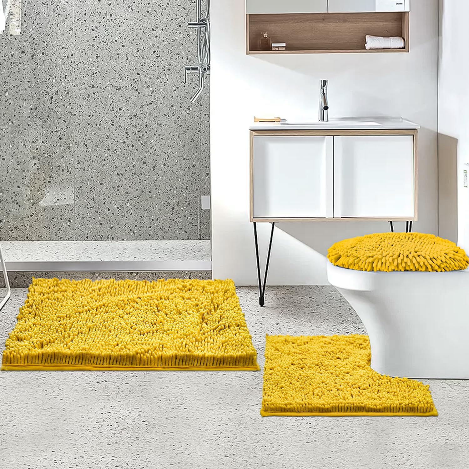 Juego de 3 alfombras de baño de felpilla ultrasuave, antideslizante y súper absorbente, parte inferior de PVC fuerte, lavable a máquina, color