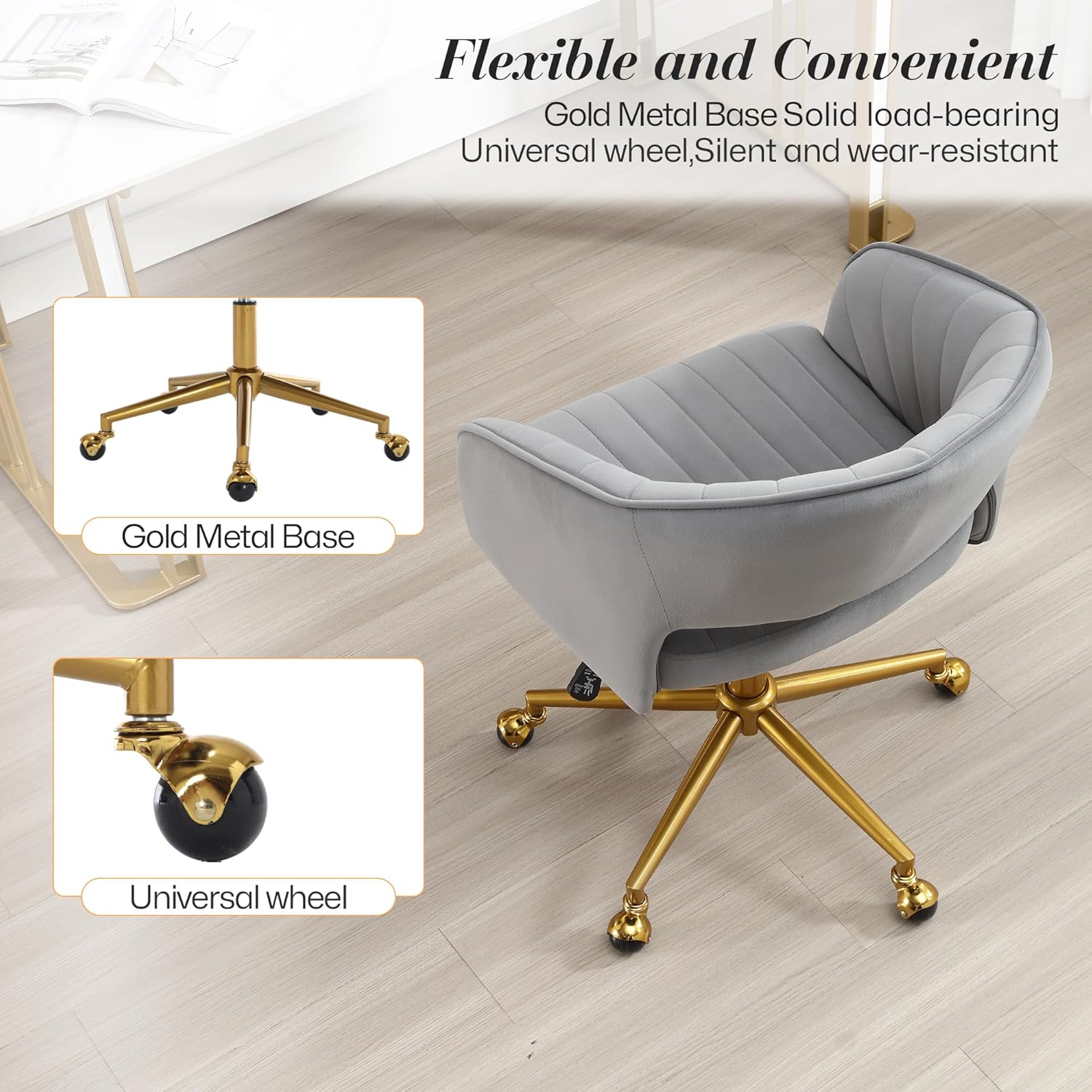 Homedraft Silla de escritorio giratoria para oficina en casa, moderna silla de escritorio de terciopelo, sillón de altura ajustable con base dorada,