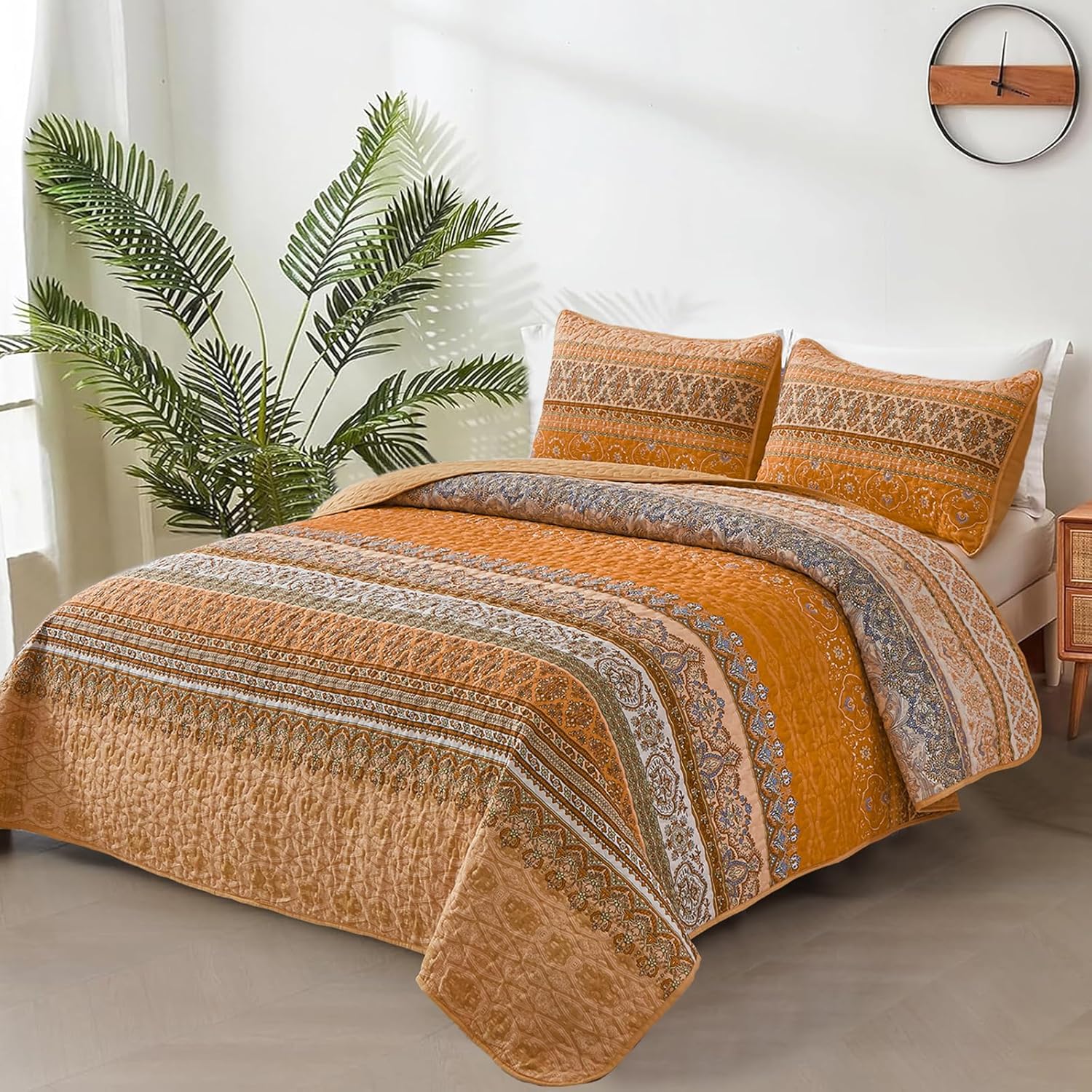 Juego de edredón bohemio tamaño Queen, colcha con estampado de rayas bohemias para todas las estaciones, juego de ropa de cama de microfibra ligera