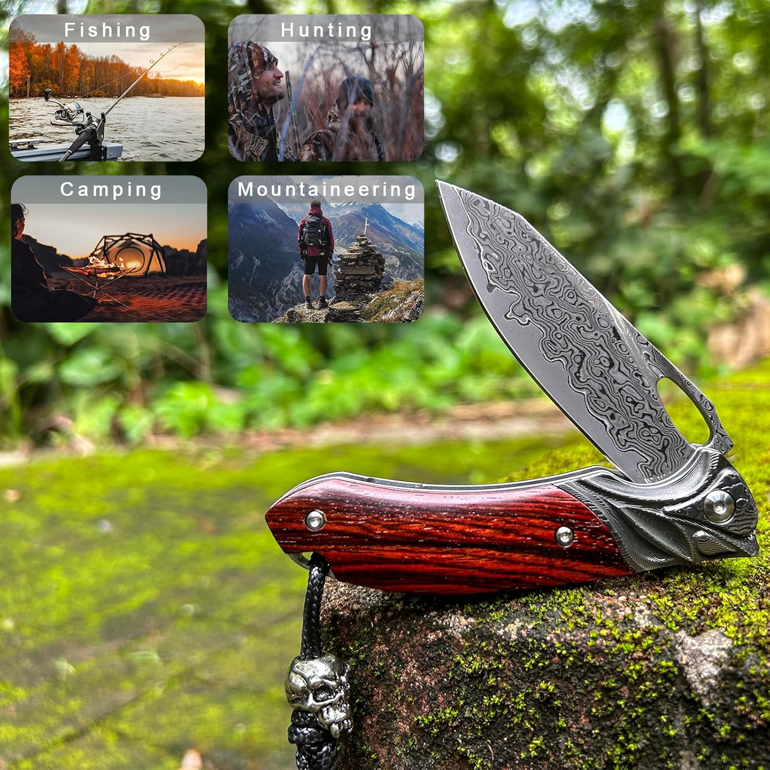 VNLA Exquisito cuchillo de bolsillo plegable de acero de Damasco Japón Praxis, cuchillo plegable de hoja VG10, con funda de cuero hecho a mano, clip