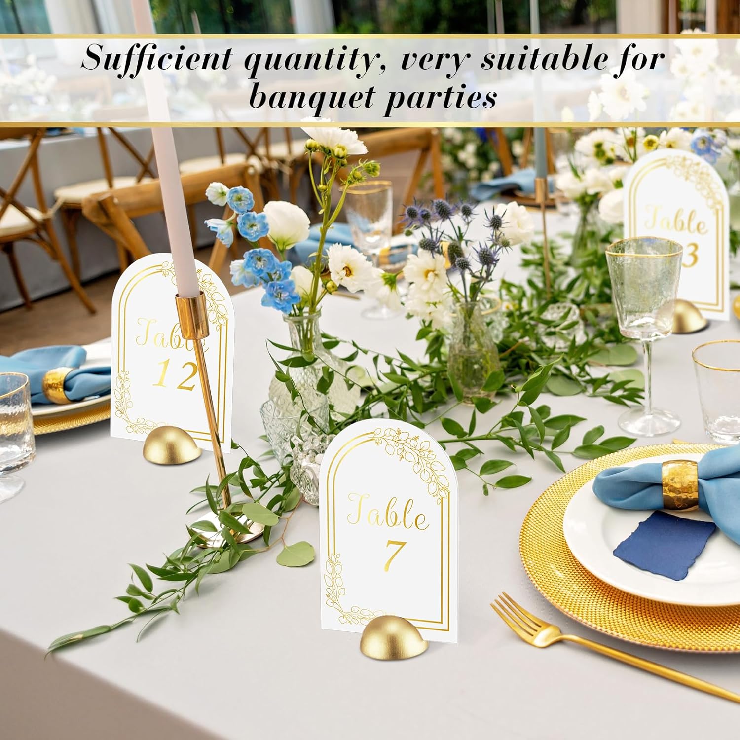 60 tarjetas de números de mesa de arco con soportes de números de mesa redondos, soportes de números de boda modernos dorados, letreros de número de