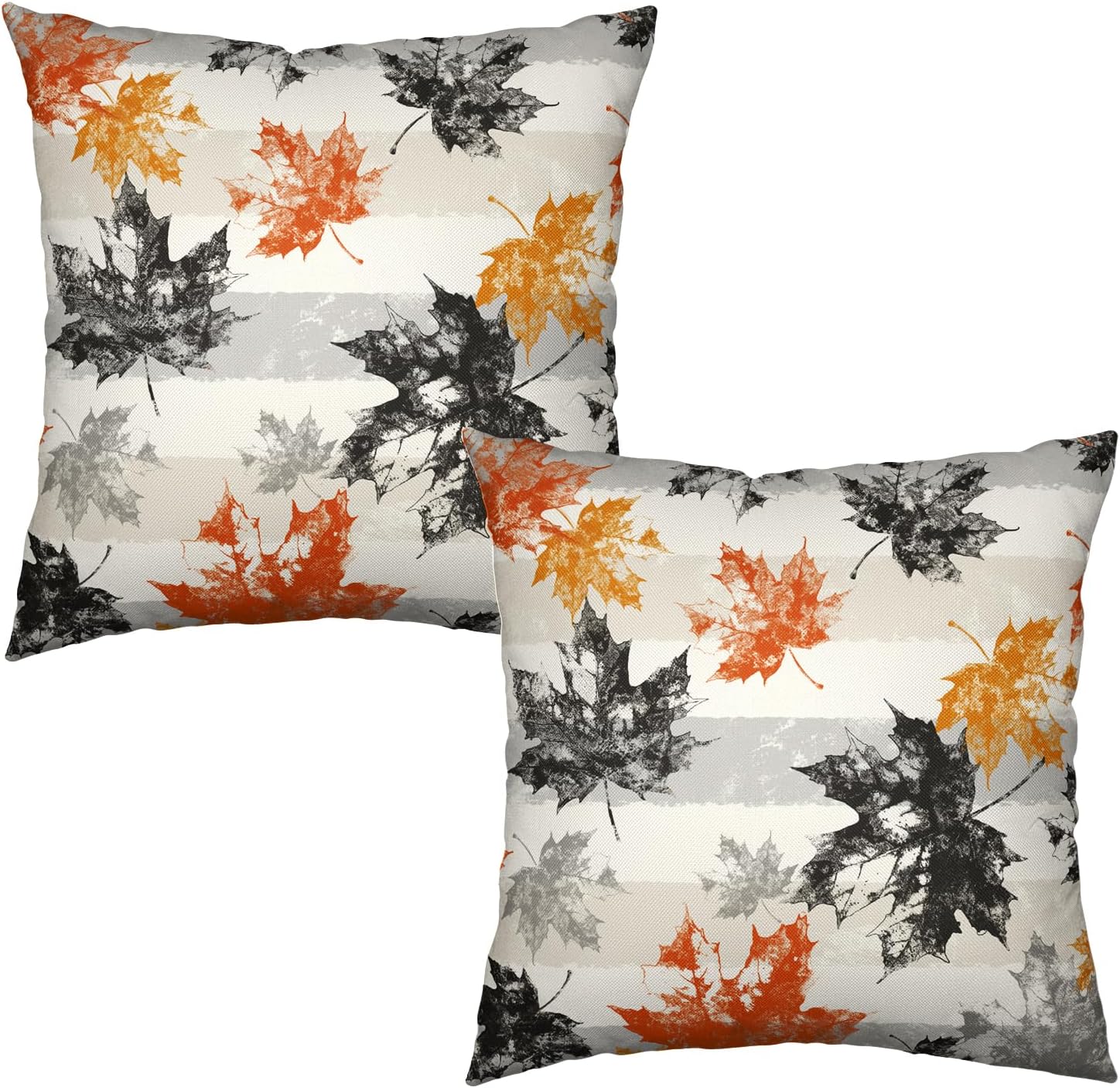 Juego de 2 fundas de almohada de hojas de otoño de 18 x 18 pulgadas, fundas de almohada decorativas de hojas de arce otoñales a rayas grises, fundas