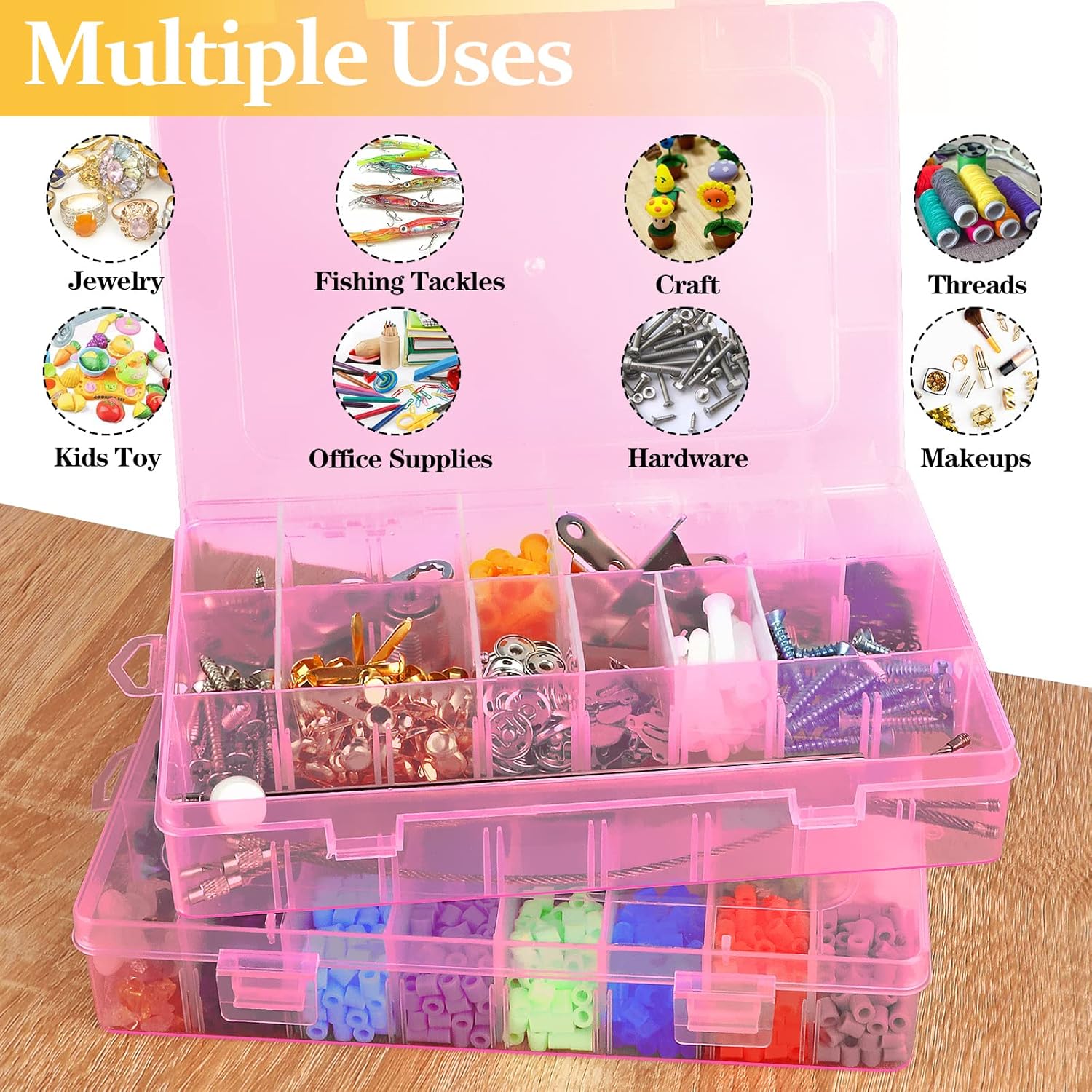 Paquete de 2 cajas organizadoras de plástico rosa de 24 rejillas, contenedor de almacenamiento con divisor ajustable, organizadores de manualidades