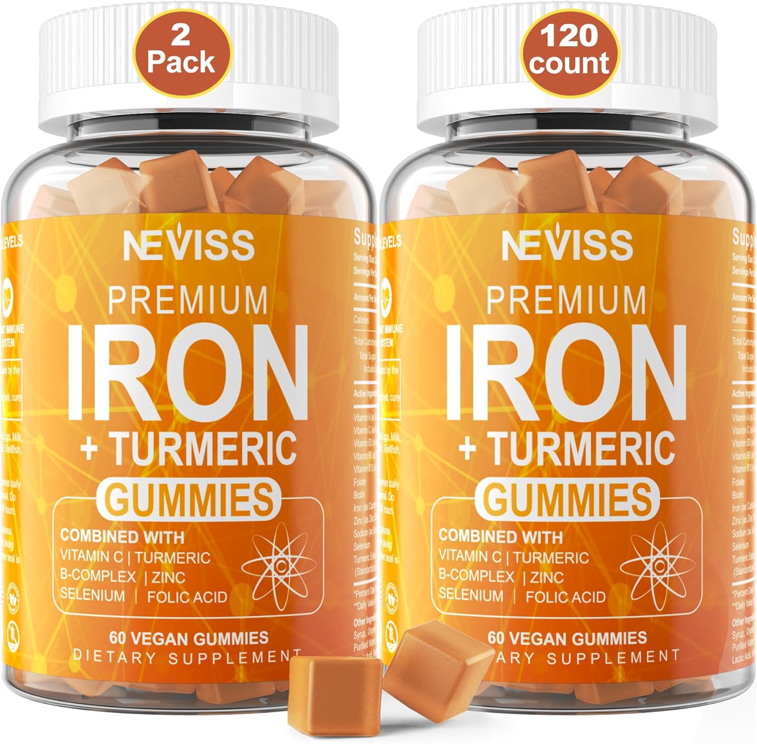 Suplemento de hierro para mujeres y hombres, gomitas de hierro carbonilo de 25 mg con cúrcuma de 600 mg, 98% de alta pureza, 70% de bioabsorción,