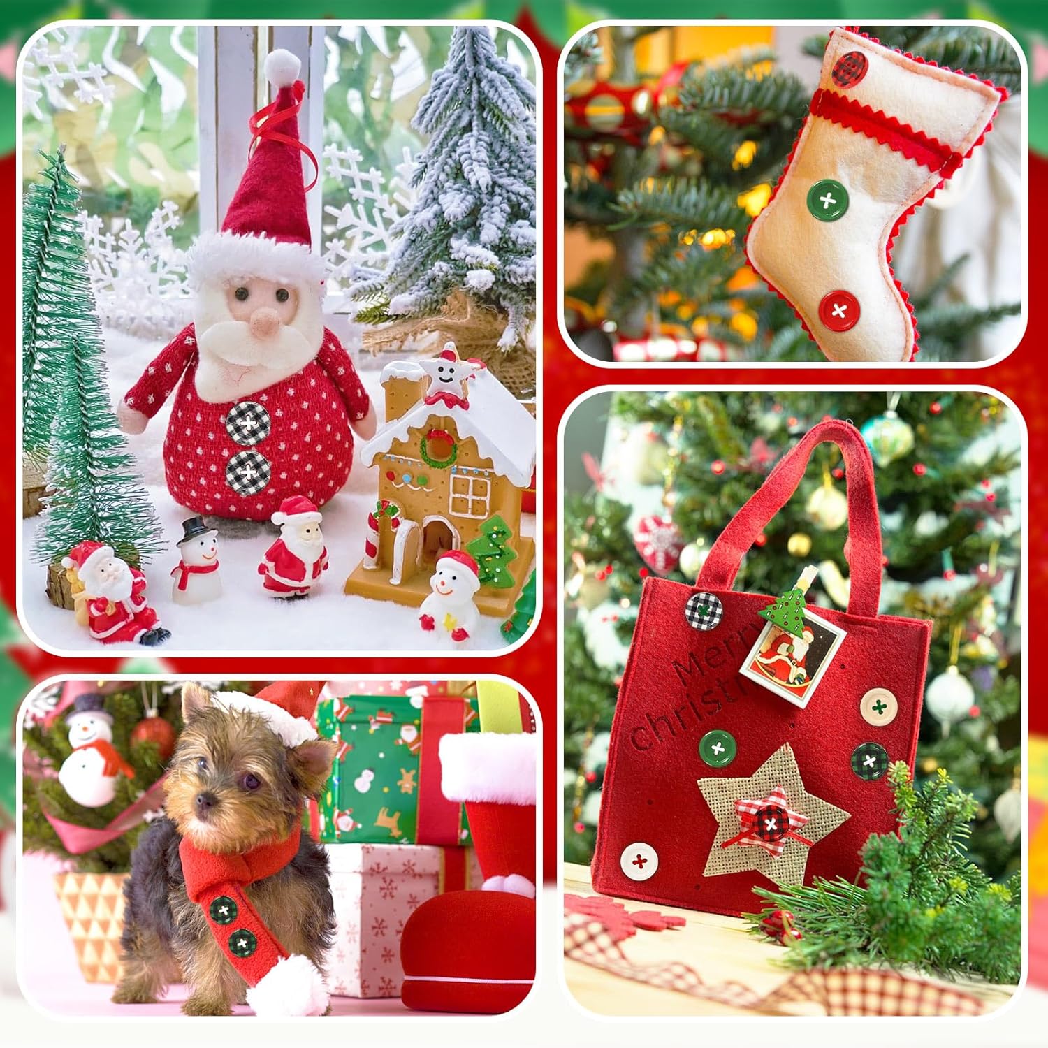 JUNEBRUSHS 260 botones de madera a cuadros de búfalo de Navidad, 4 agujeros, botones redondos de madera para calcetines de Navidad, decoración de
