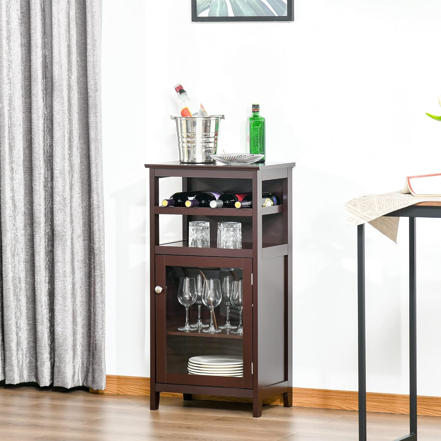 HOMCOM Gabinete de vino con estante para vino de 4 botellas, estante abierto, gabinete de puerta de acrílico con estante ajustable, espresso