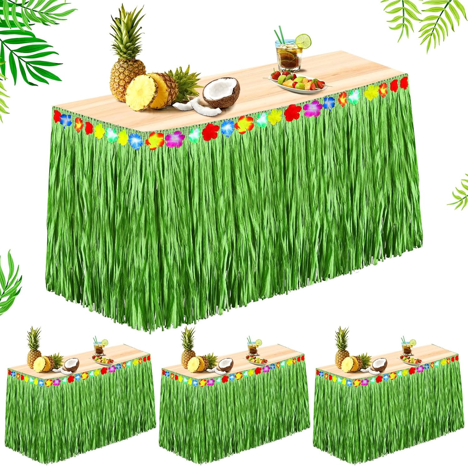 Falda de mesa de rafia hawaiana Luau con flores de hibisco, 108 x 30 pulgadas, decoración de mesa de bar Tiki para verano, playa, fiesta de