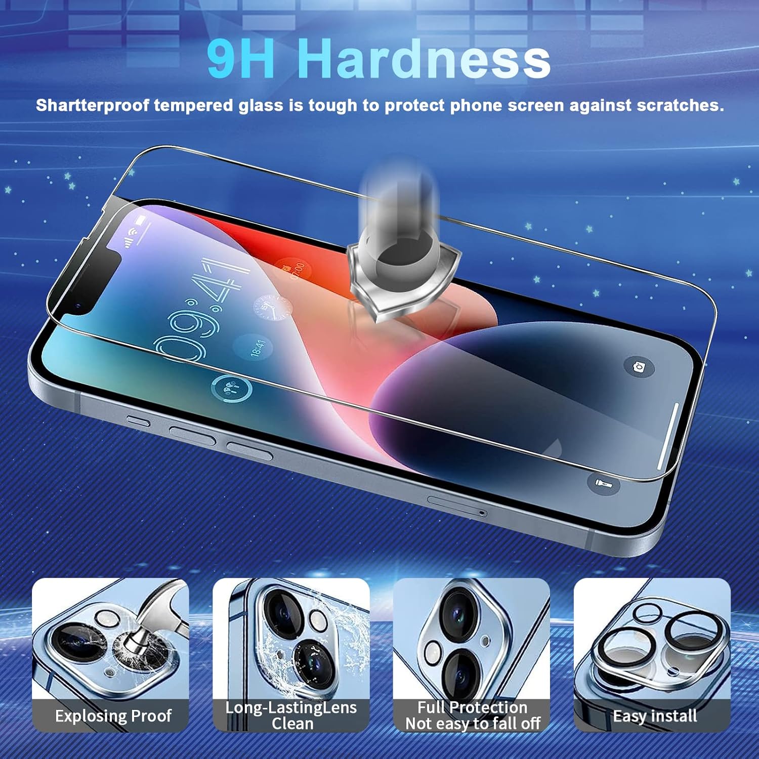 Paquete de 3+3 Protector de pantalla de vidrio templado para iPhone 14, protector de pantalla de lente de cámara con marco de alineación, sensible