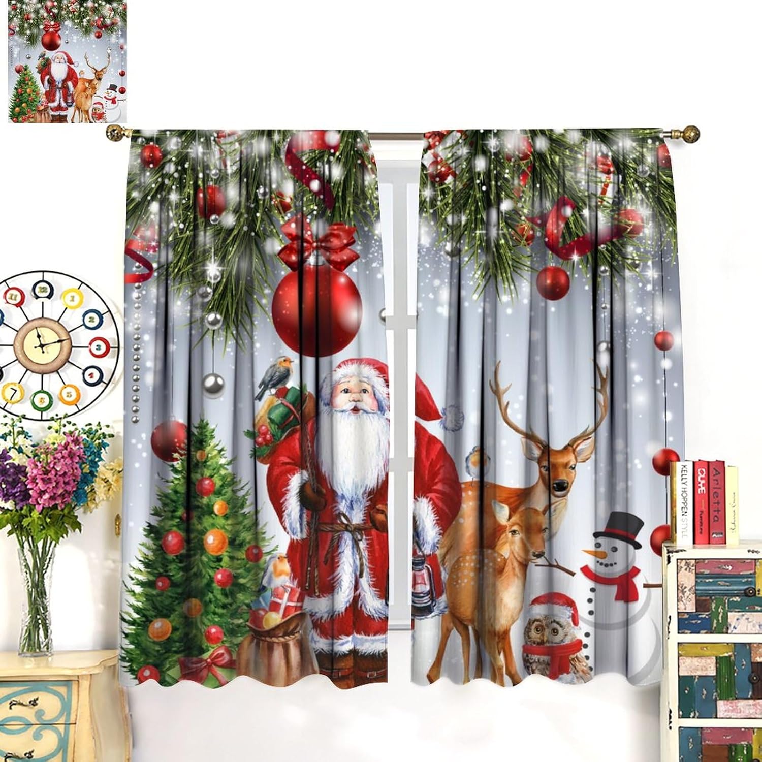 Cortinas de Navidad lindas de Papá Noel, muñeco de nieve, árbol de Navidad, copo de nieve, vacaciones de invierno, feliz año nuevo, patrón impreso,