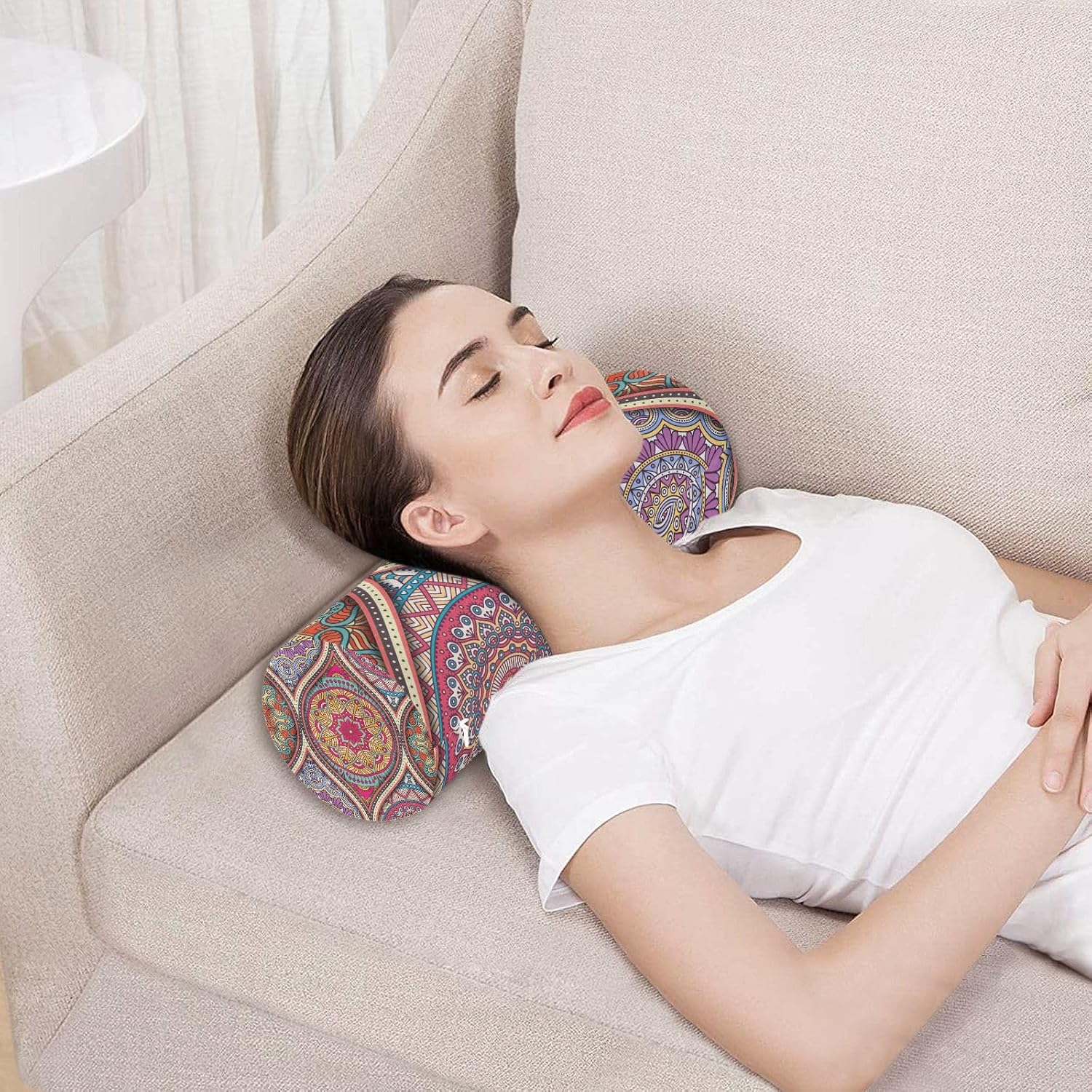 Kigai Almohada cervical para aliviar el dolor de cuello, mandala bohemio, rollo de espuma viscoelástica, almohada cervical redonda para piernas,