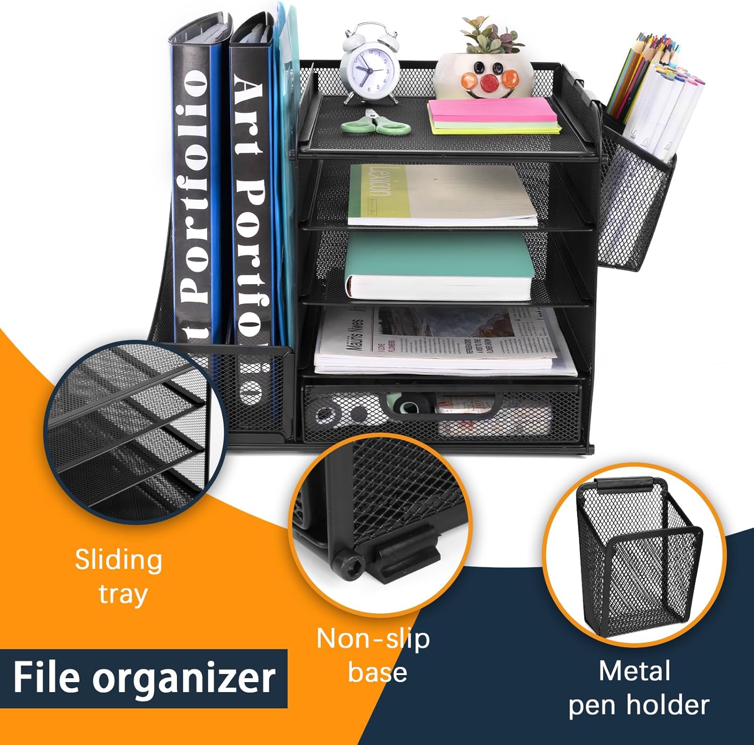 Organizador de escritorio con bandeja de archivos, cajón, soportes para bolígrafos, soporte para revistas para accesorios de oficina y papeles,