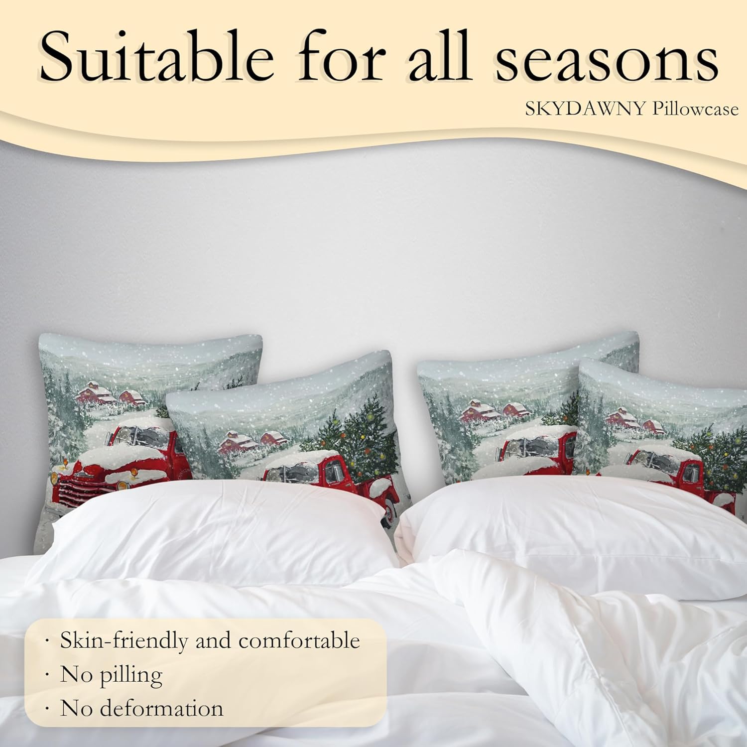 SKYDAWNY Juego de 2 fundas de almohada de árboles de Navidad de 18 x 18 pulgadas, fundas de almohada decorativas con nieve y camión rojo, funda