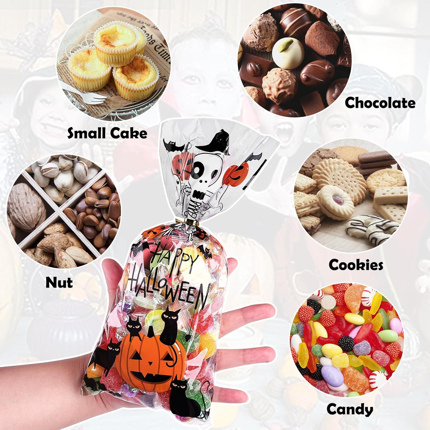 JMANNI Bolsas de dulces de Halloween para celfán, 120 bolsas de plástico transparente para Halloween, bolsas de dulces, murciélagos, calabaza y