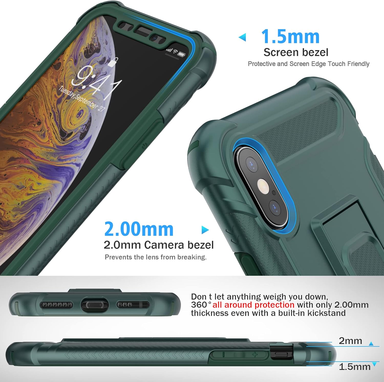ORETECH Funda para iPhone Xs Max y 2 protectores de pantalla de vidrio templado 10 pies de grado militar a prueba de golpes iPhone Xs MAX 360 funda