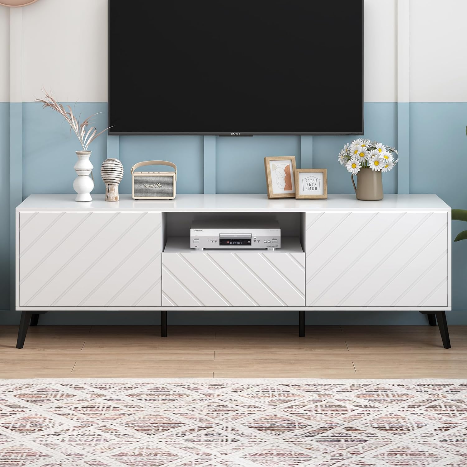 Soporte de TV moderno de mediados de siglo para TV de 75 pulgadas, gabinete de TV de madera con cajón y estante abierto, mesa consola de TV