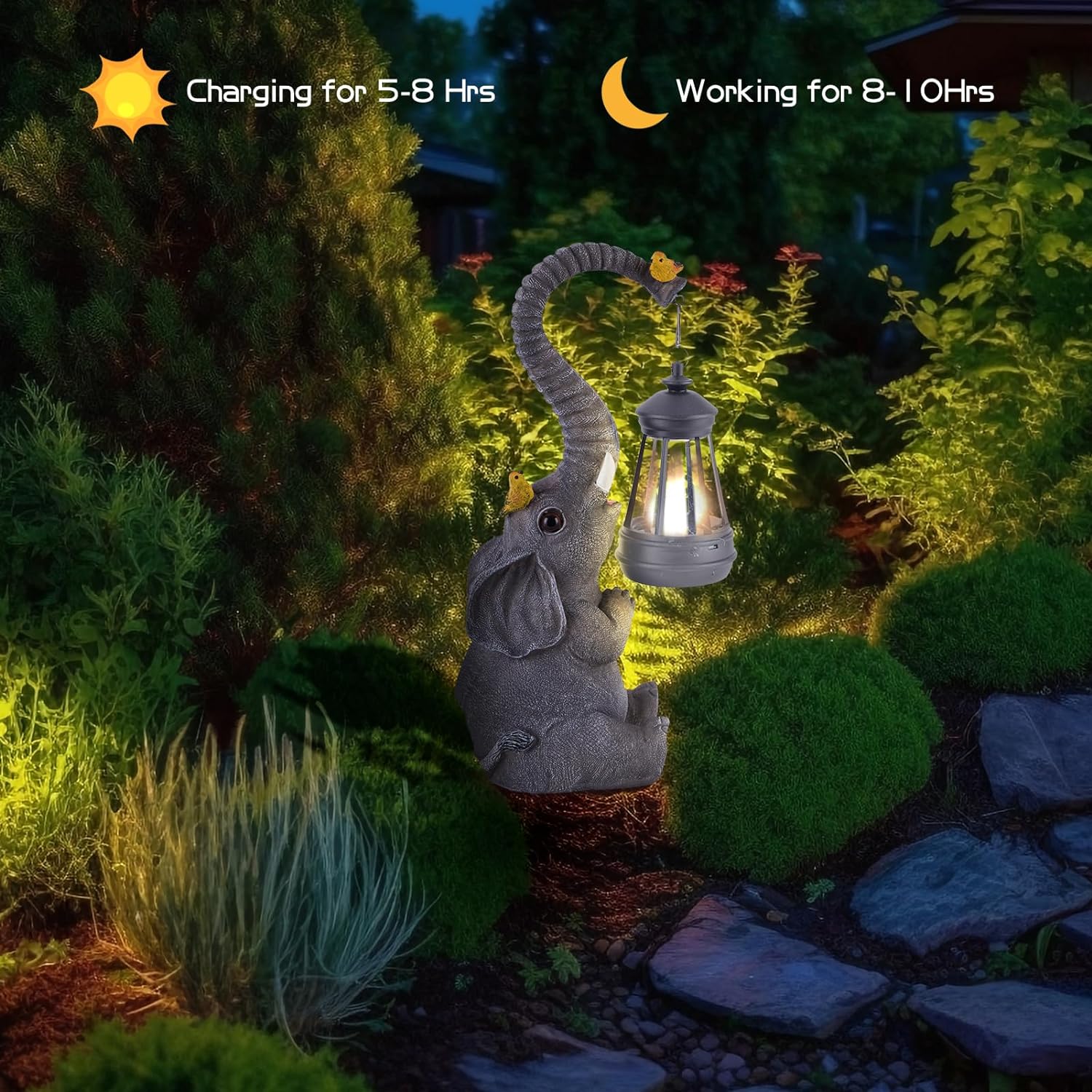 Luces solares de estatuas de jardín al aire libre, figuras de elefante con bonitos pájaros decoración de escultura de jardín, regalos de madre de