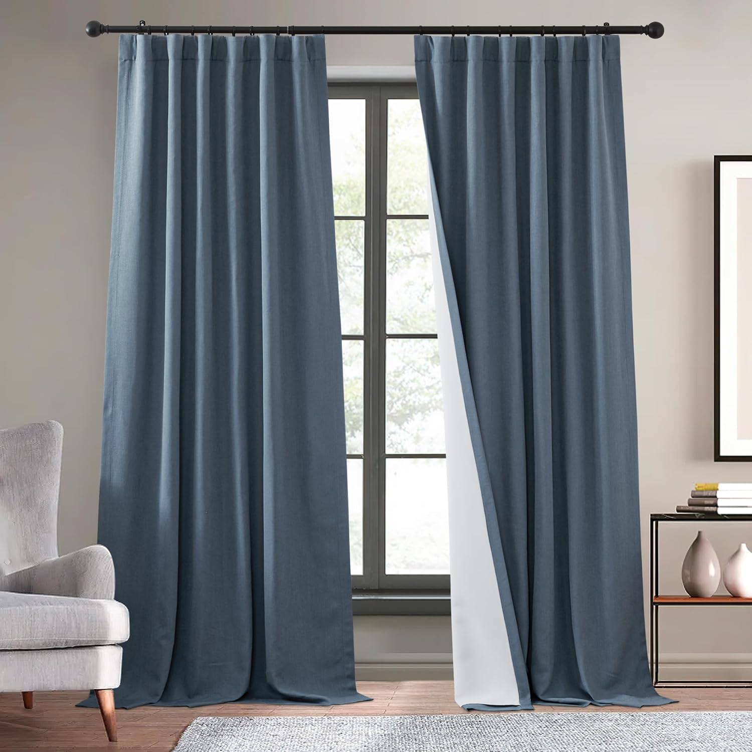 KGORGE Cortinas de lino sintético azul de 120 pulgadas de largo, cortinas opacas naturales de lino para oscurecer la privacidad, tratamiento de