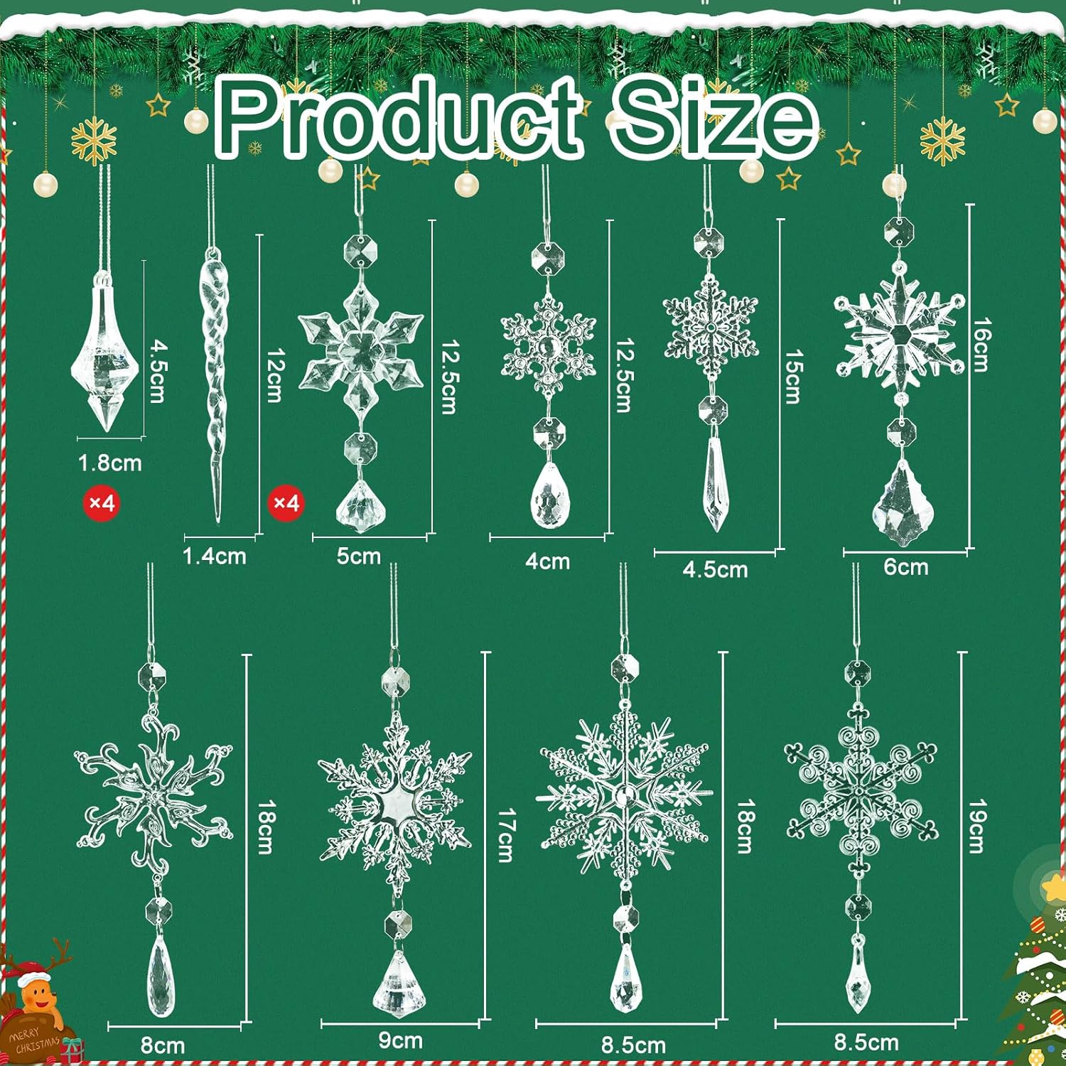 Adornos para árbol de Navidad, 16 piezas de adornos de copo de nieve de cristal, decoraciones colgantes de acrílico carámbanos de copo de nieve,