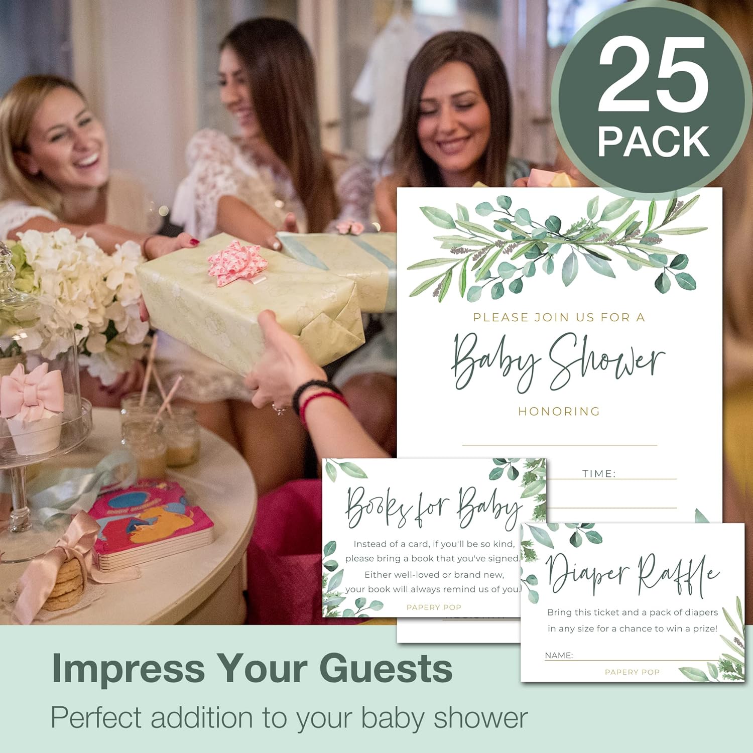 Juego de 25 invitaciones para baby shower con sobres, boletos para rifas de pañales y tarjetas de solicitud de libro de baby shower, eucalipto