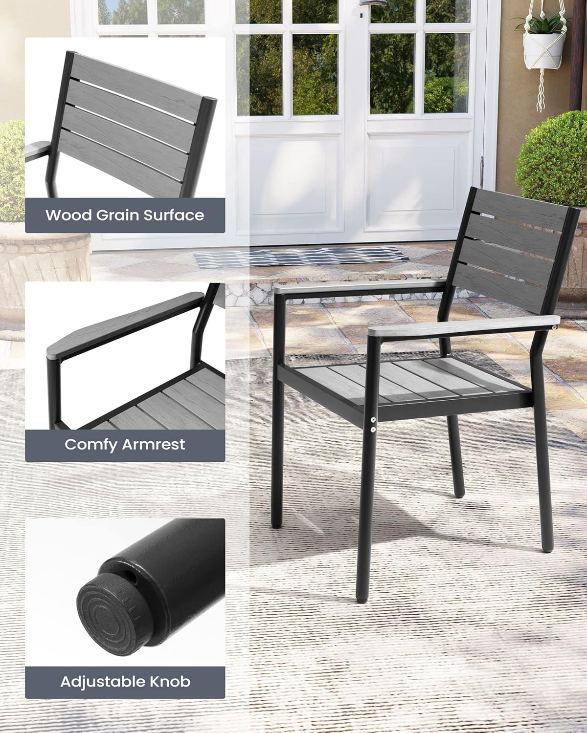 Pellebant Juego de 2 sillas de comedor apilables para exteriores, marco de aluminio con asiento y respaldo compuesto de plástico de madera, para