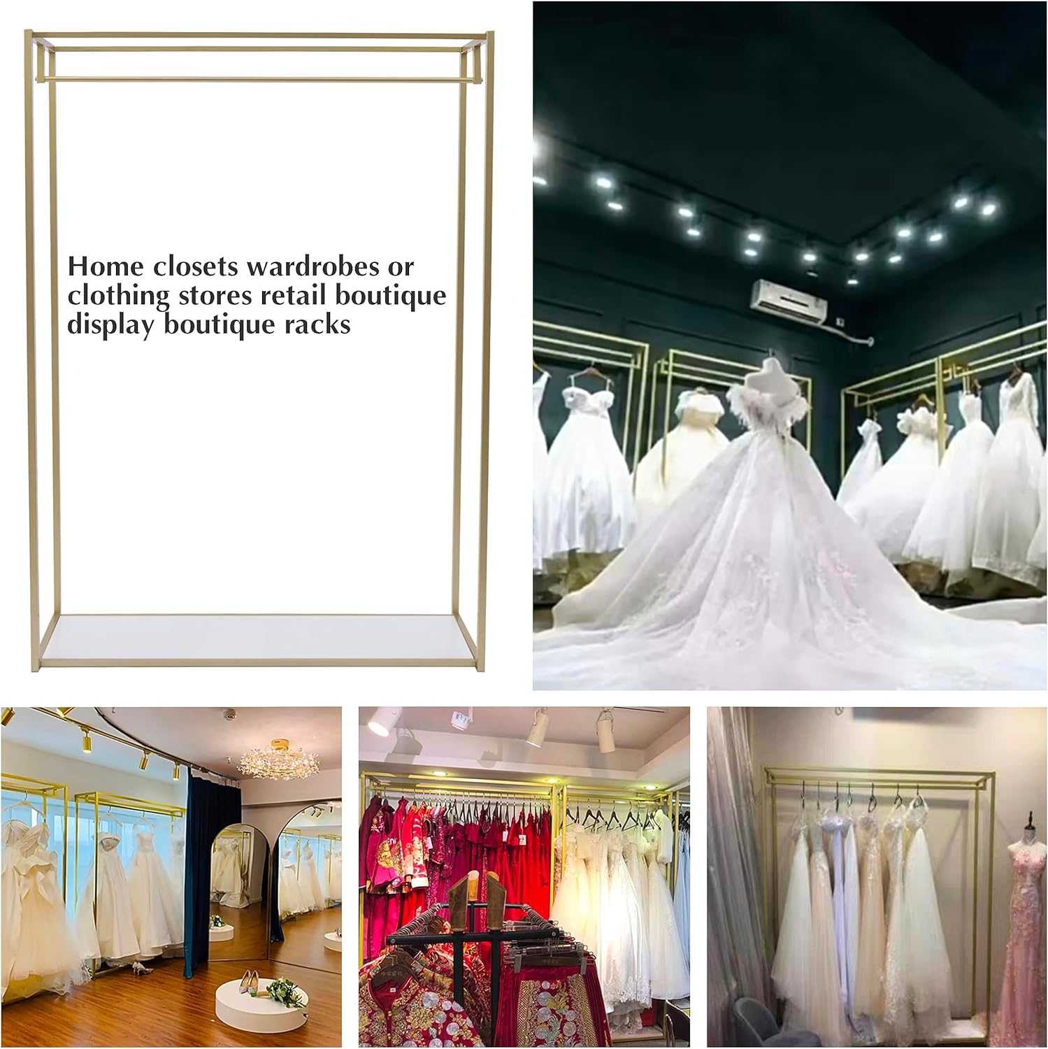 Percheros dorados de 67 pulgadas para boutiques, estante para vestidos de novia al por menor, estante de ropa comercial resistente, estantes de
