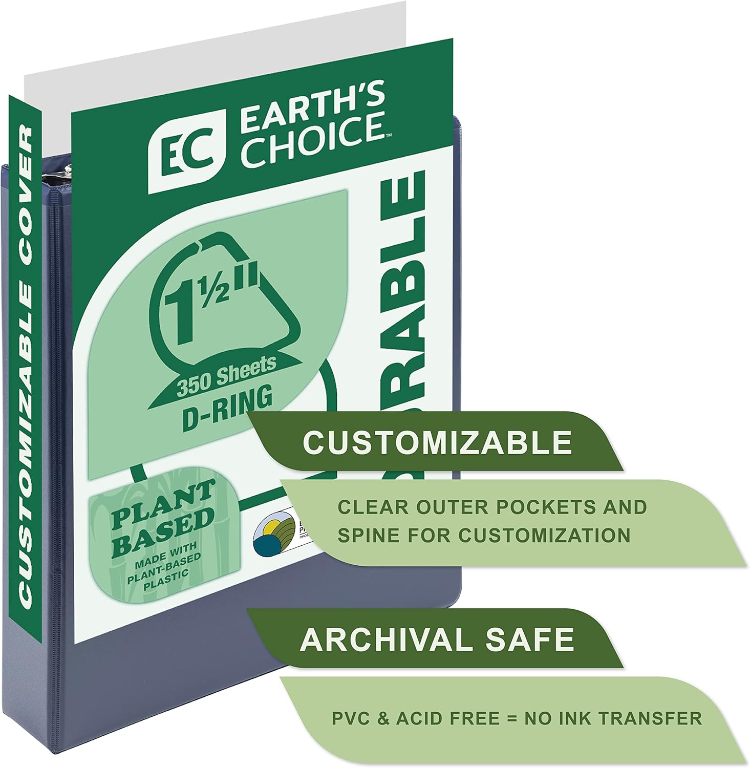 Samsill Earth’s Choice – Paquete de 2 carpetas duraderas con anillo en D de 1.5 pulgadas, con base biológica certificada por USDA, ecológica, azul