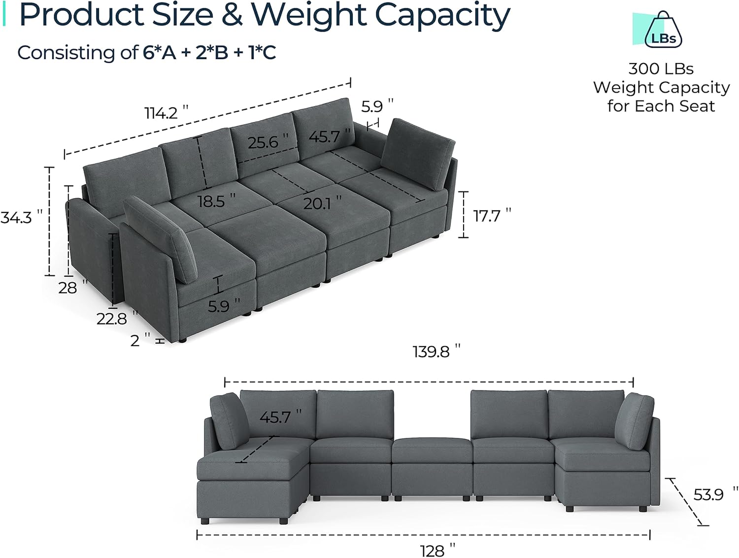 LINSY HOME Sofá modular modular en forma de U con almacenamiento, otomanas, sofá modular modular de gran tamaño con espuma viscoelástica, juegos de