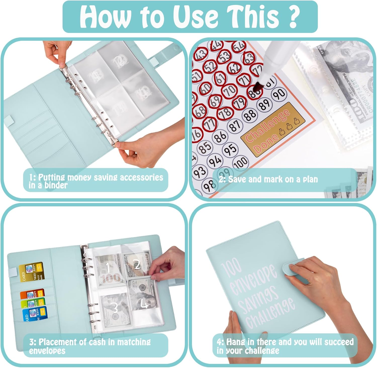 Carpeta de desafíos de ahorro de dinero con 100 sobres, carpeta de presupuesto A5 con sobres de efectivo, libro de desafíos de ahorro para ahorrar