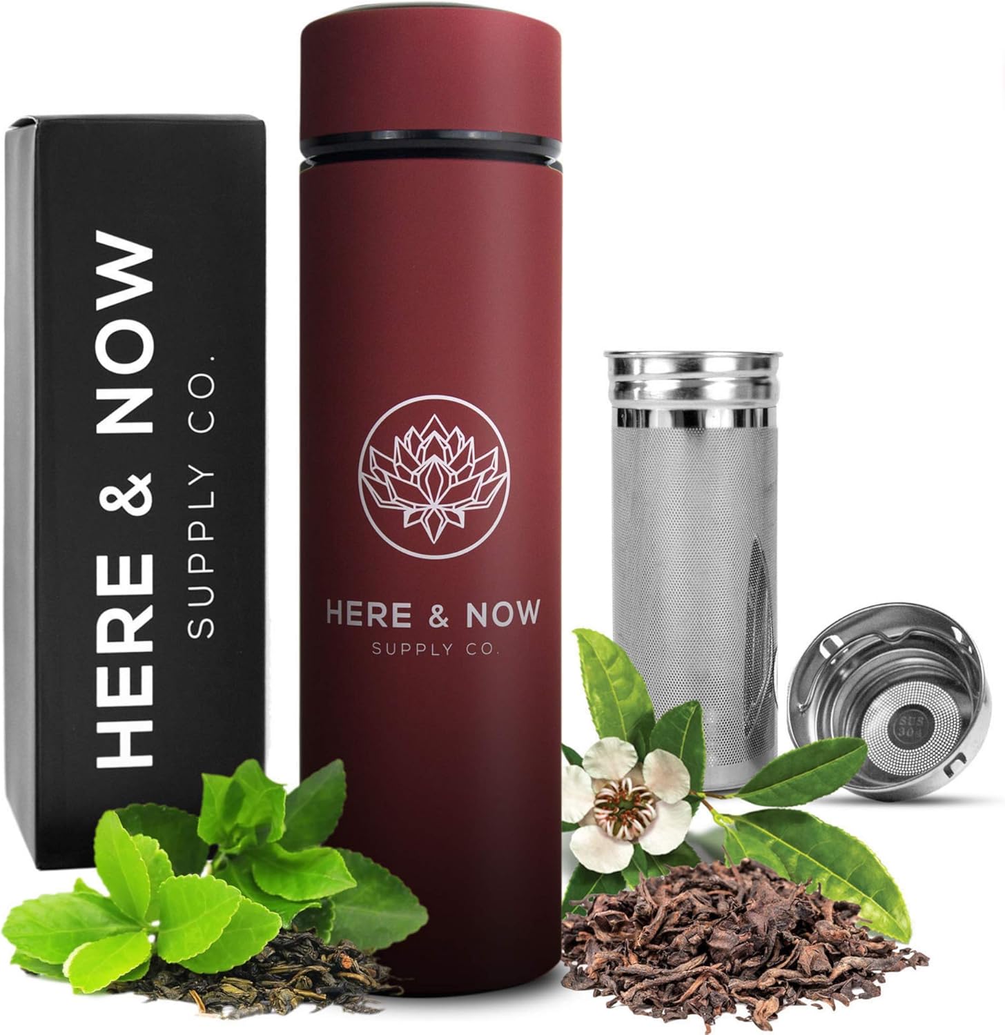 Here & Now – Botella infusora de té  Botella de agua con infusor de té  Infusor de té de acero inoxidable  Botella de té de doble pared para té